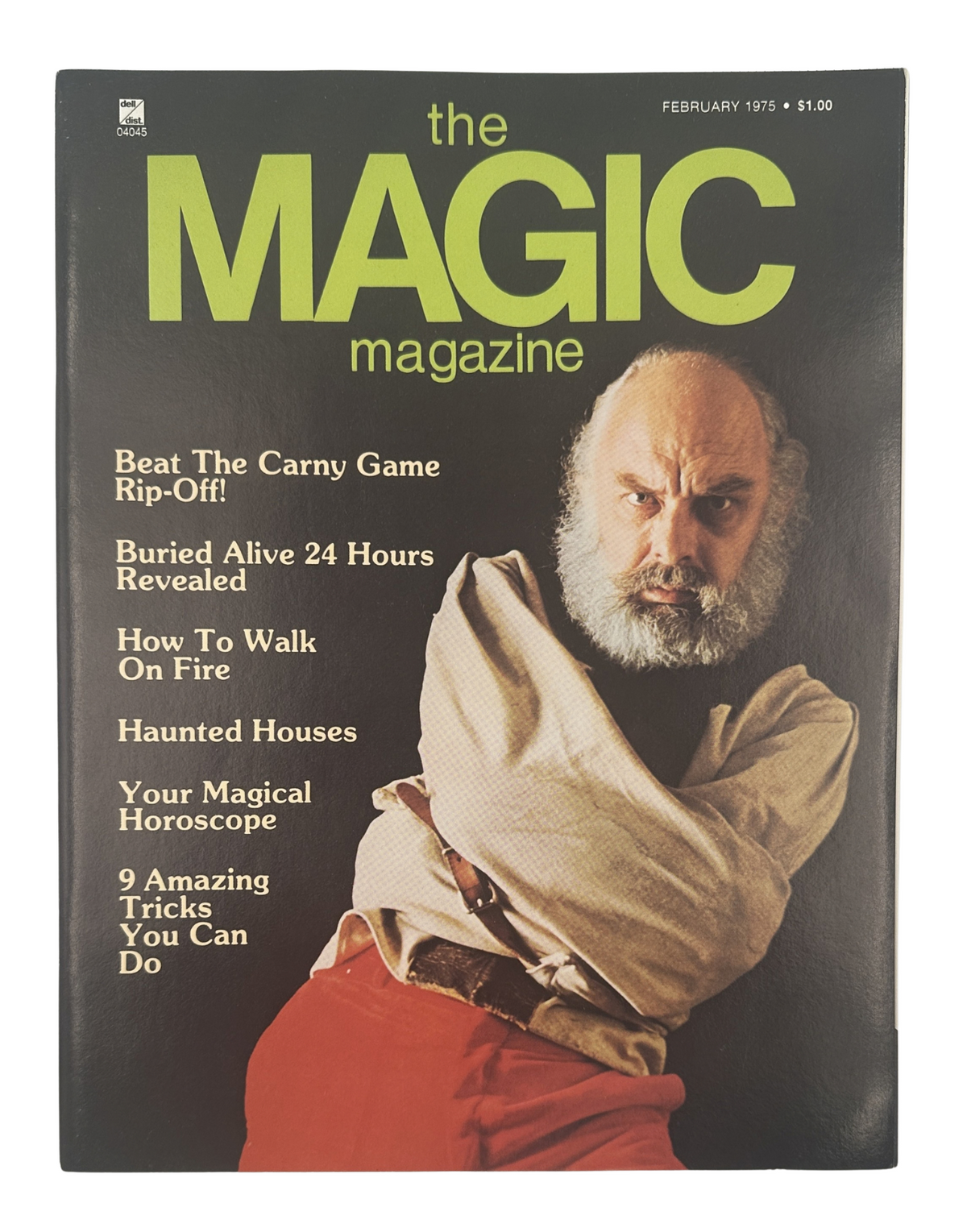 The Magic Magazine February 1975 featuring a cover photo of The Amazing Randi, with titles like 'Beat The Carney Game Rip-Off!' and 'Your Magical Horoscope', in very good condition.