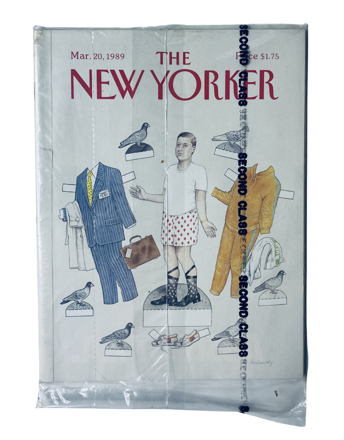 SEALED The New Yorker Magazine March 20, 1989 cover featuring a man selecting clothes, surrounded by various clothing items and seagulls, showcasing a unique and humorous illustration.
