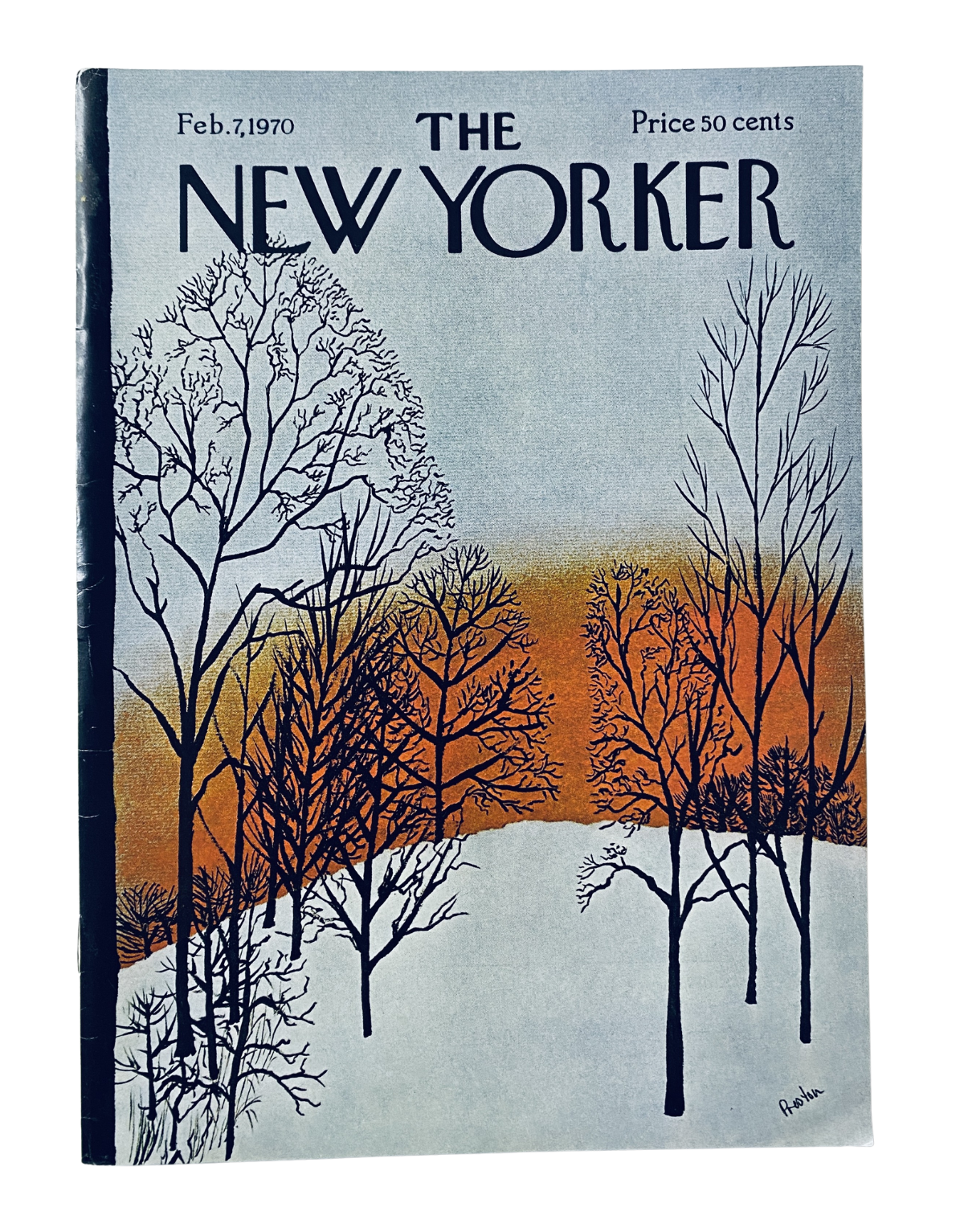 Cover of The New Yorker Magazine from February 7, 1970, featuring artwork by David Preston depicting winter trees against an orange sunset backdrop.