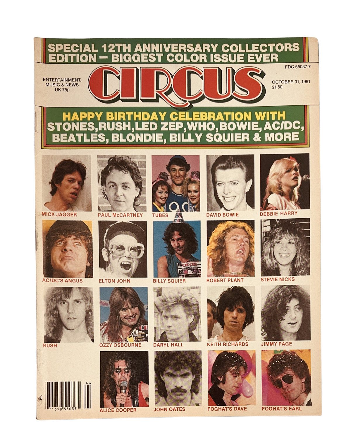 Cover of Circus Magazine, October 31, 1981, celebrating its 12th Anniversary with highlights from iconic artists including The Beatles, David Bowie, AC/DC, and more. This special collectors edition features vibrant colors and notable rock stars like Mick Jagger, Paul McCartney, and Elton John.