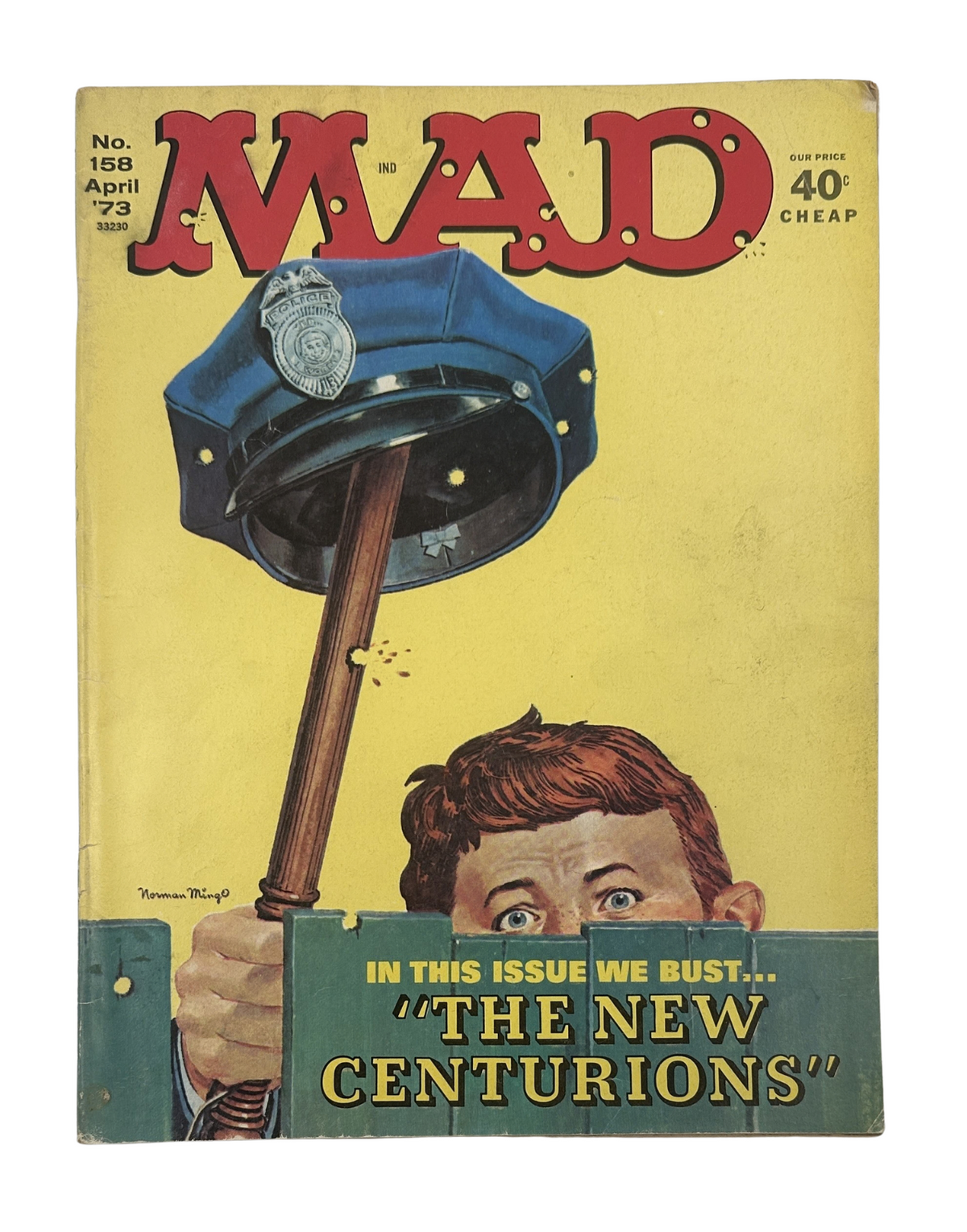 Cover of MAD Magazine No. 158, April 1973, featuring a satirical illustration related to 'The New Centurions' movie, depicting a police officer and a surprised boy. This issue is classified as Very Good (VG 4.0).
