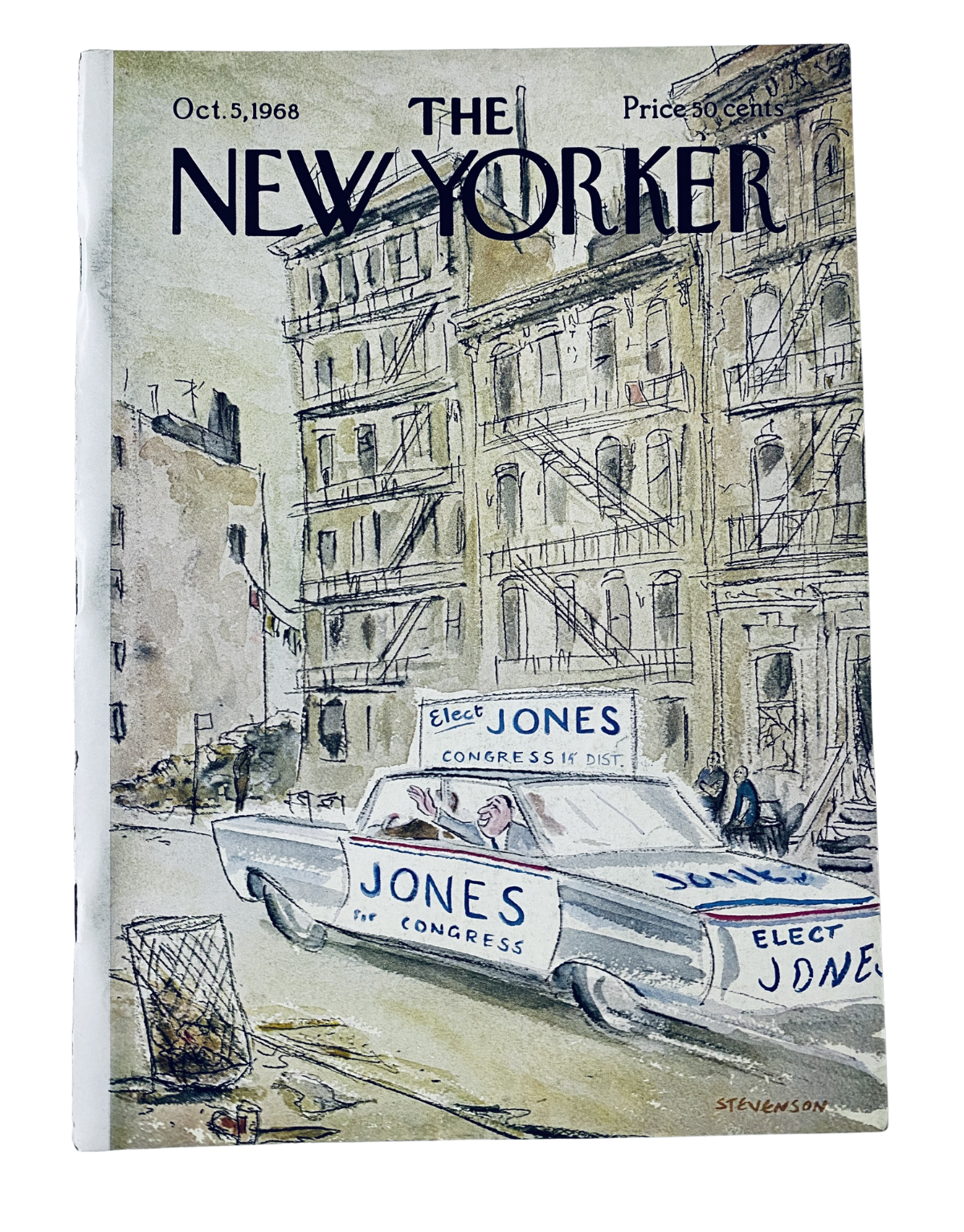 The New Yorker Magazine cover from October 5, 1968 featuring a political cartoon related to the election, depicting a car with 'Elect Jones' signs amidst an urban backdrop.