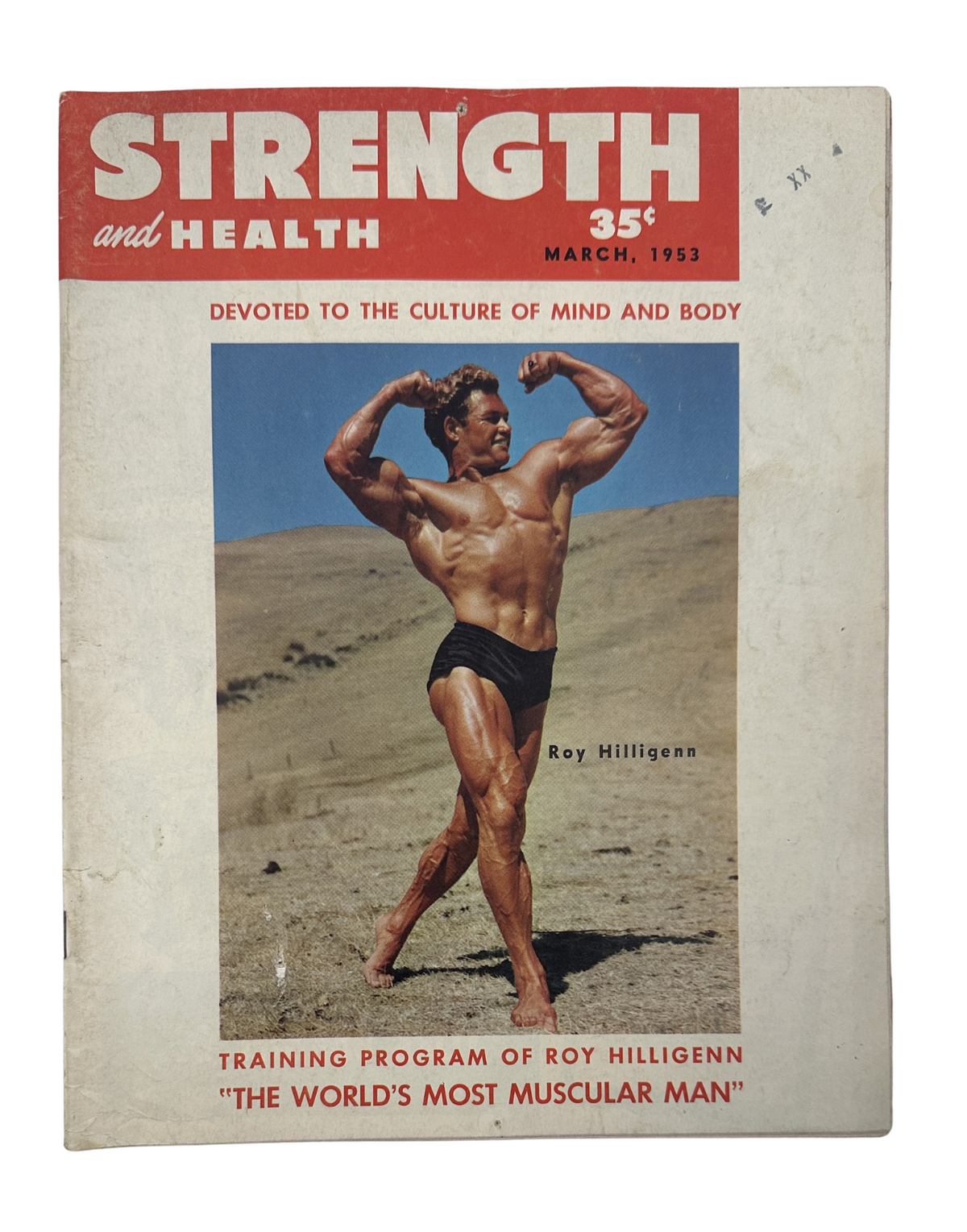 Strength and Health Magazine cover from March 1953 featuring Roy Hilligenn, showcasing his impressive physique and highlighting the training program of 'The World's Most Muscular Man'.