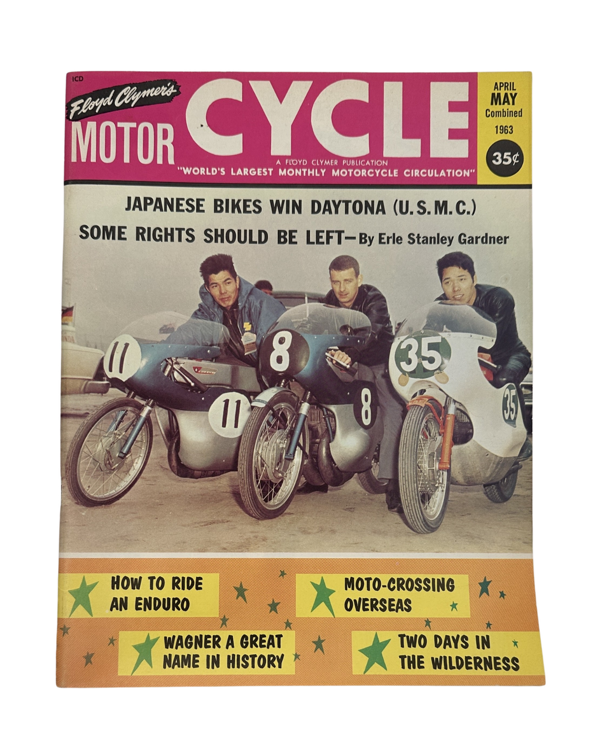 Cycle Magazine April May 1963 cover featuring Japanese bikes at Daytona, highlighting the racing scene. The cover showcases three riders and their bikes with a focus on motorcycling history.