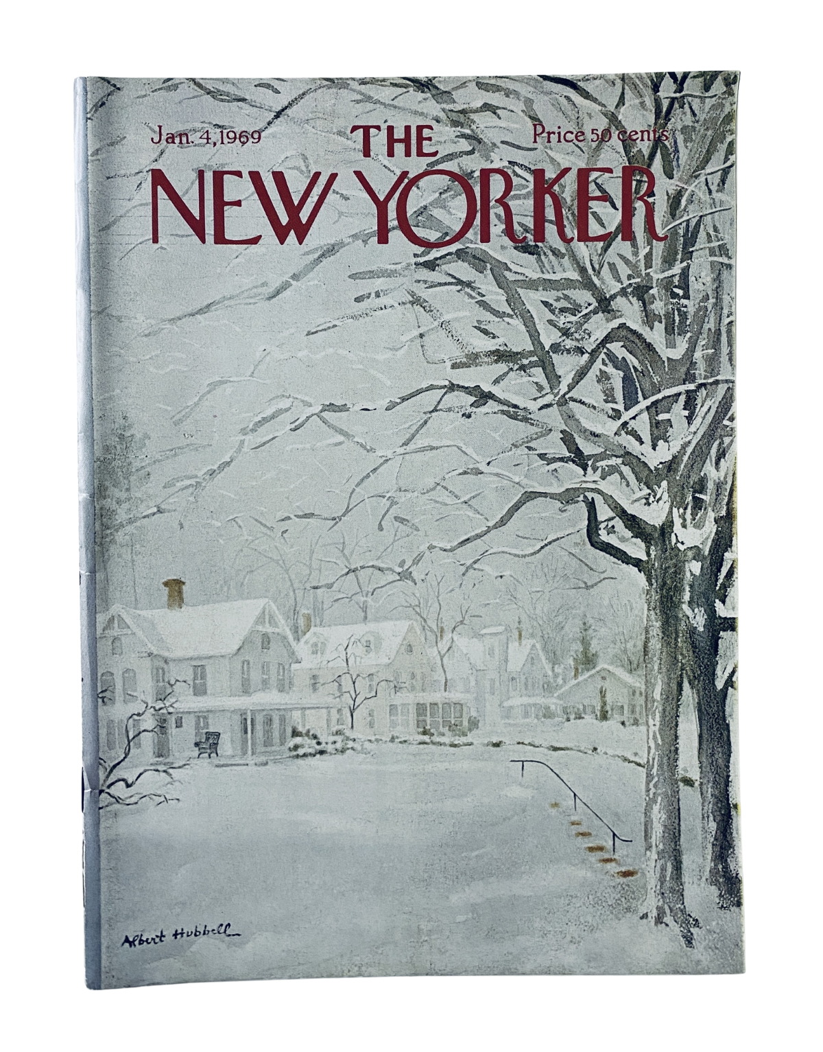 The New Yorker Magazine January 4, 1969 cover featuring a snowy suburban scene by A. Hubbell, showcasing serene houses blanketed in snow.