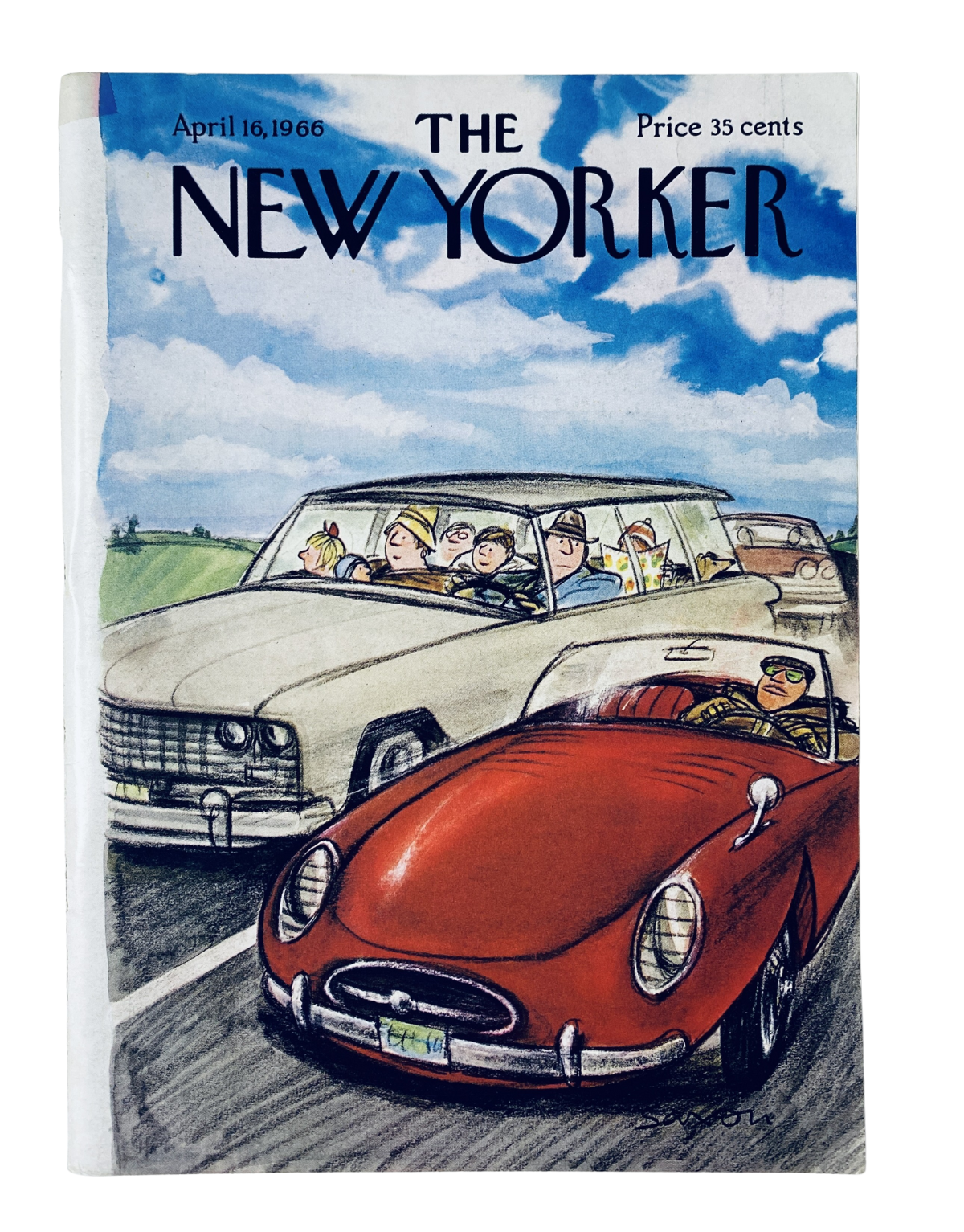 The New Yorker Magazine April 16, 1966 cover featuring a cartoon of a road trip with cars on the highway, highlighting a red sports car and cheerful passengers.