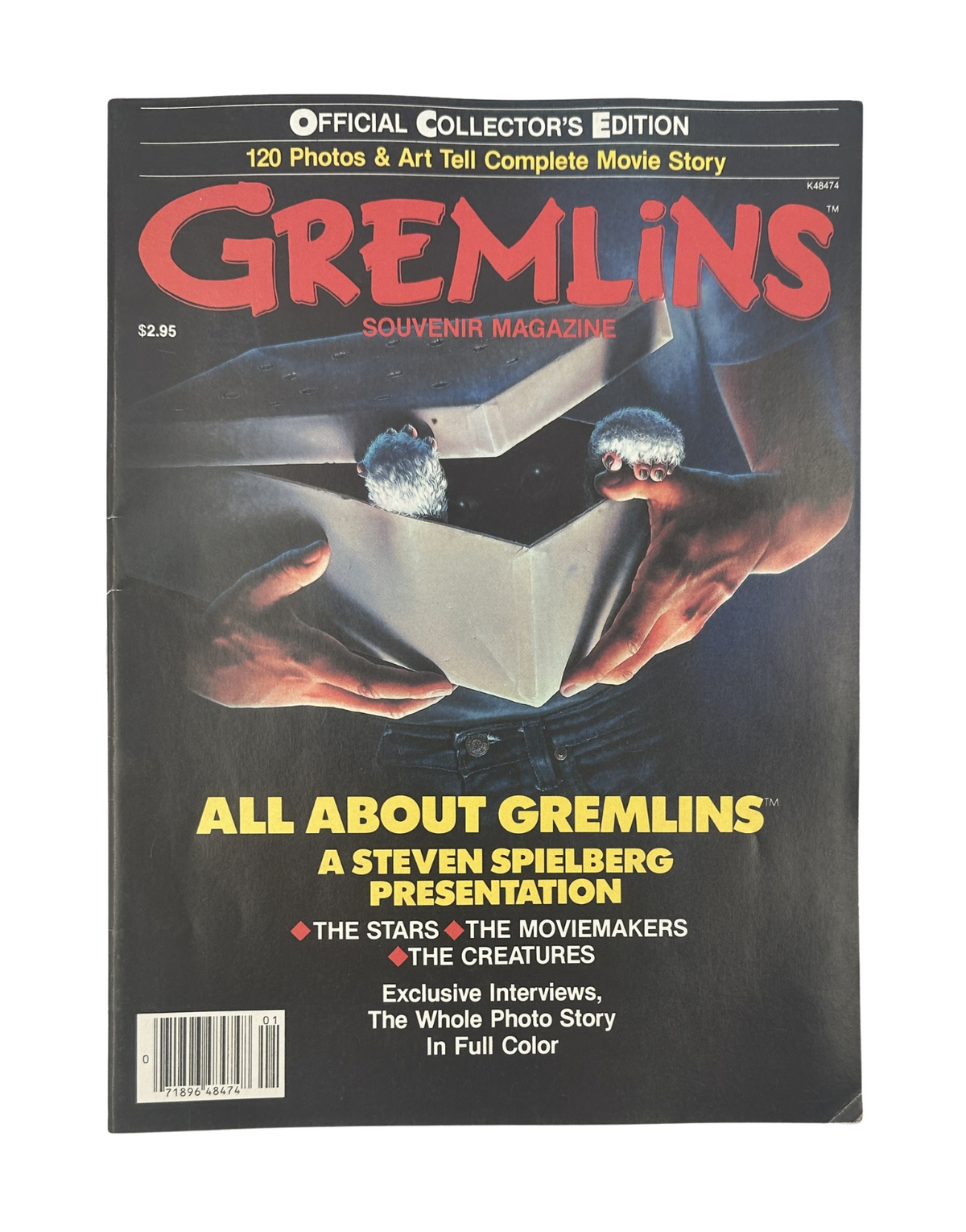 Gremlins Souvenir Magazine Official Collector’s Edition showing the cover featuring a Gremlin holding a box, an iconic image from the film, priced at $2.95.