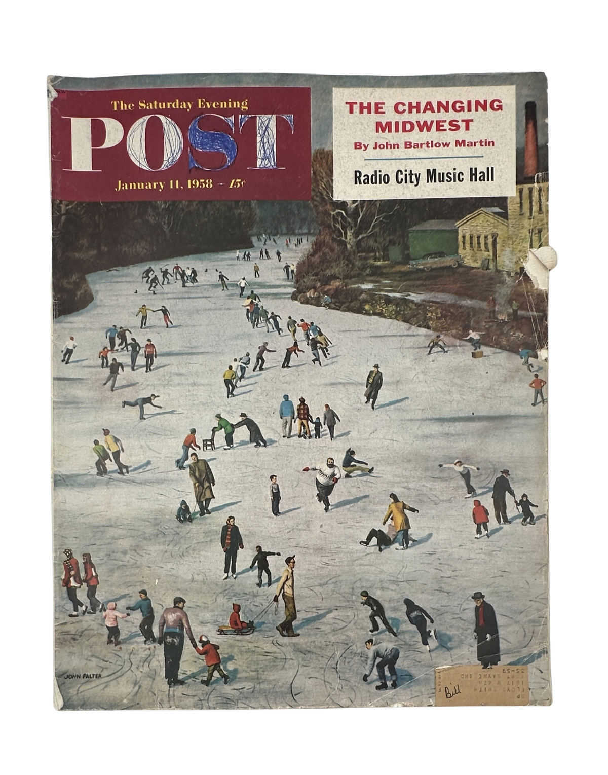 Cover of The Saturday Evening Post Magazine from January 11, 1958 featuring 'The Changing Midwest' article with a winter scene of skaters on ice.
