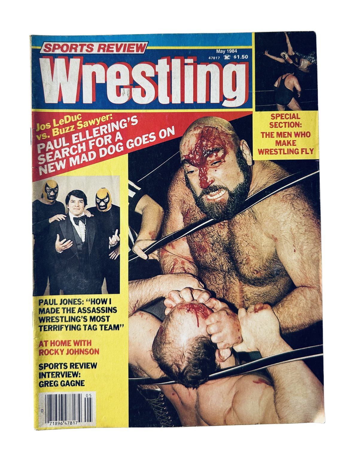 Cover of Sports Review Wrestling Magazine May 1984, featuring Jos LeDuc vs. Buzz Sawyer, with a special section about the men who make wrestling fly.