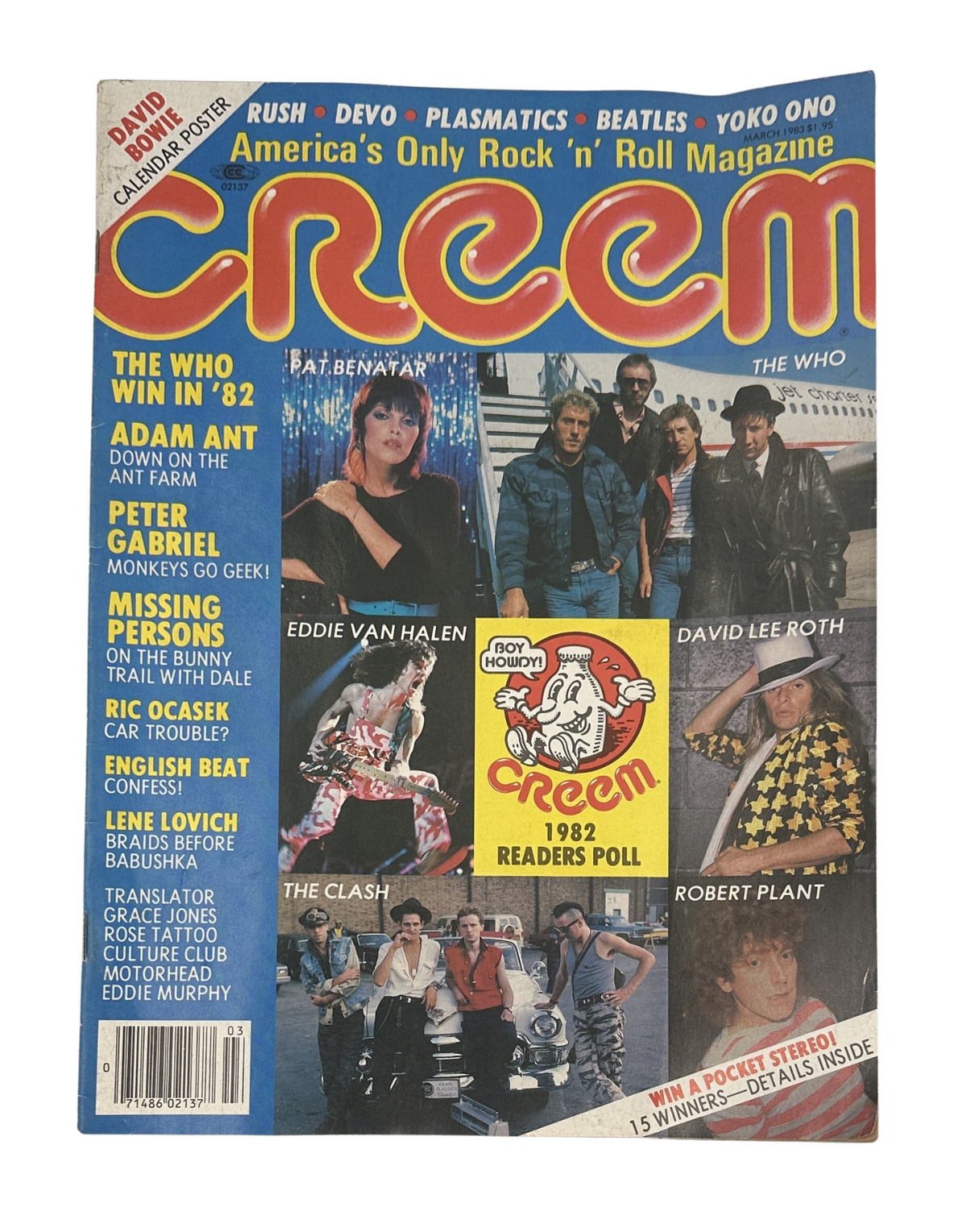 Creem Magazine March 1983 cover featuring David Bowie, The Who, Adam Ant, and Eddie Van Halen, highlighting music icons and pop culture with vibrant graphics and notable headlines.
