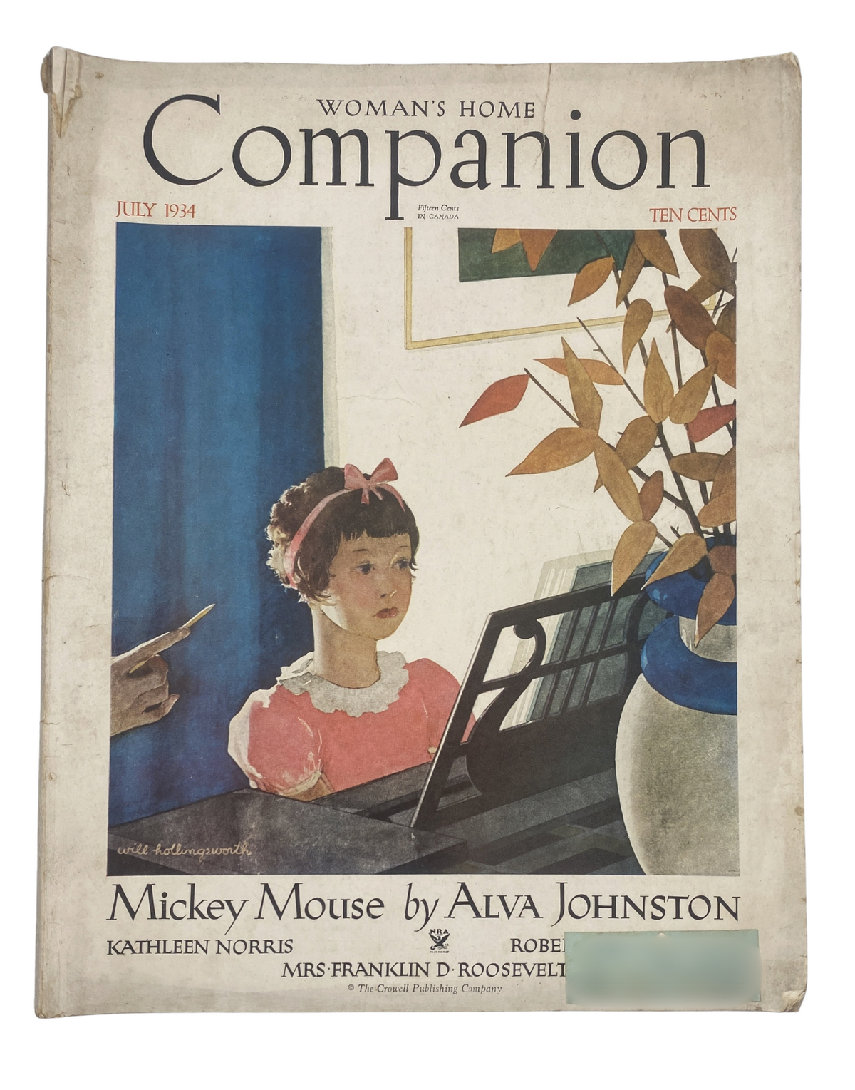 Cover of Woman's Home Companion Magazine July 1934 featuring a color illustration of a young girl and the title Mickey Mouse by Alva Johnston.