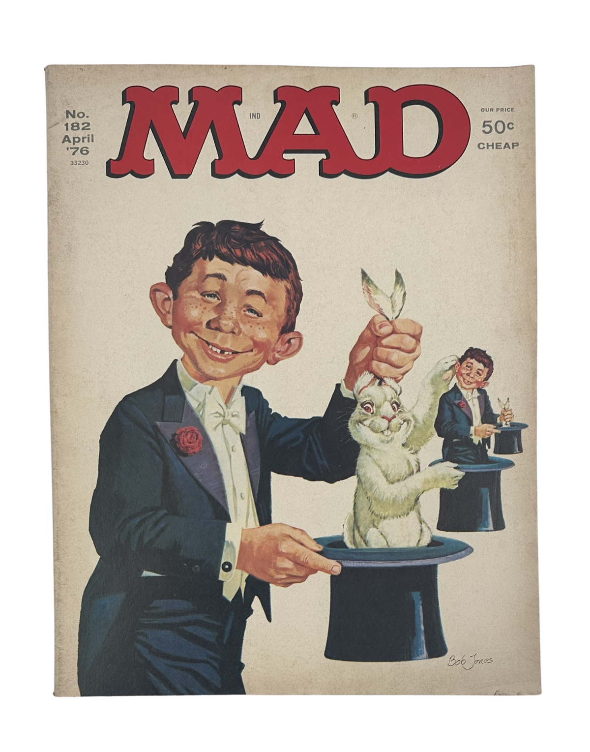 Cover of MAD Magazine No. 182 from April 1976, featuring a whimsical illustration of a young boy performing magic with a rabbit in a hat. The cover highlights 'New Musicals Based on Big Movies' as the featured content.