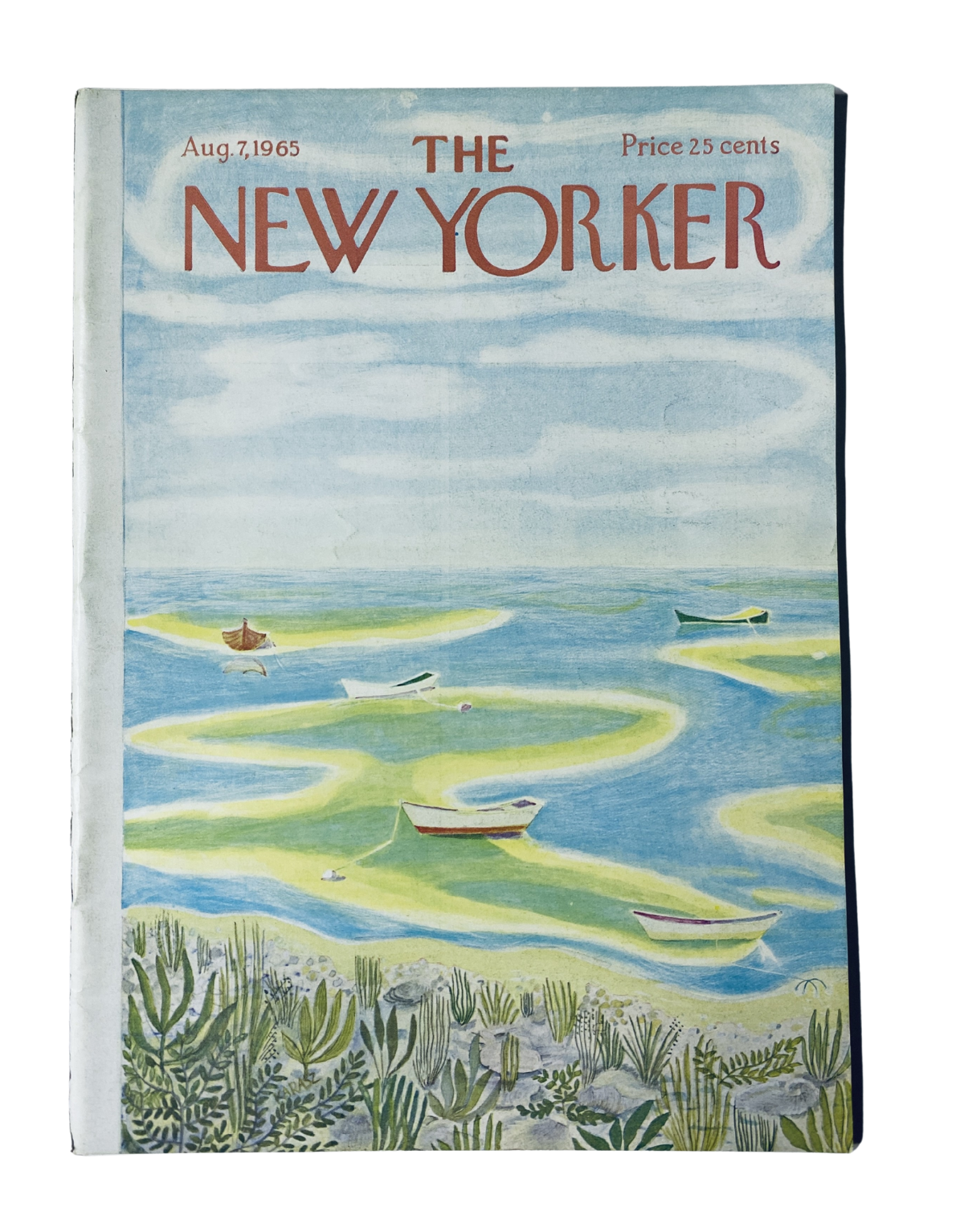 The New Yorker Magazine August 7, 1965 cover featuring a serene coastal scene with boats in a green and blue landscape.