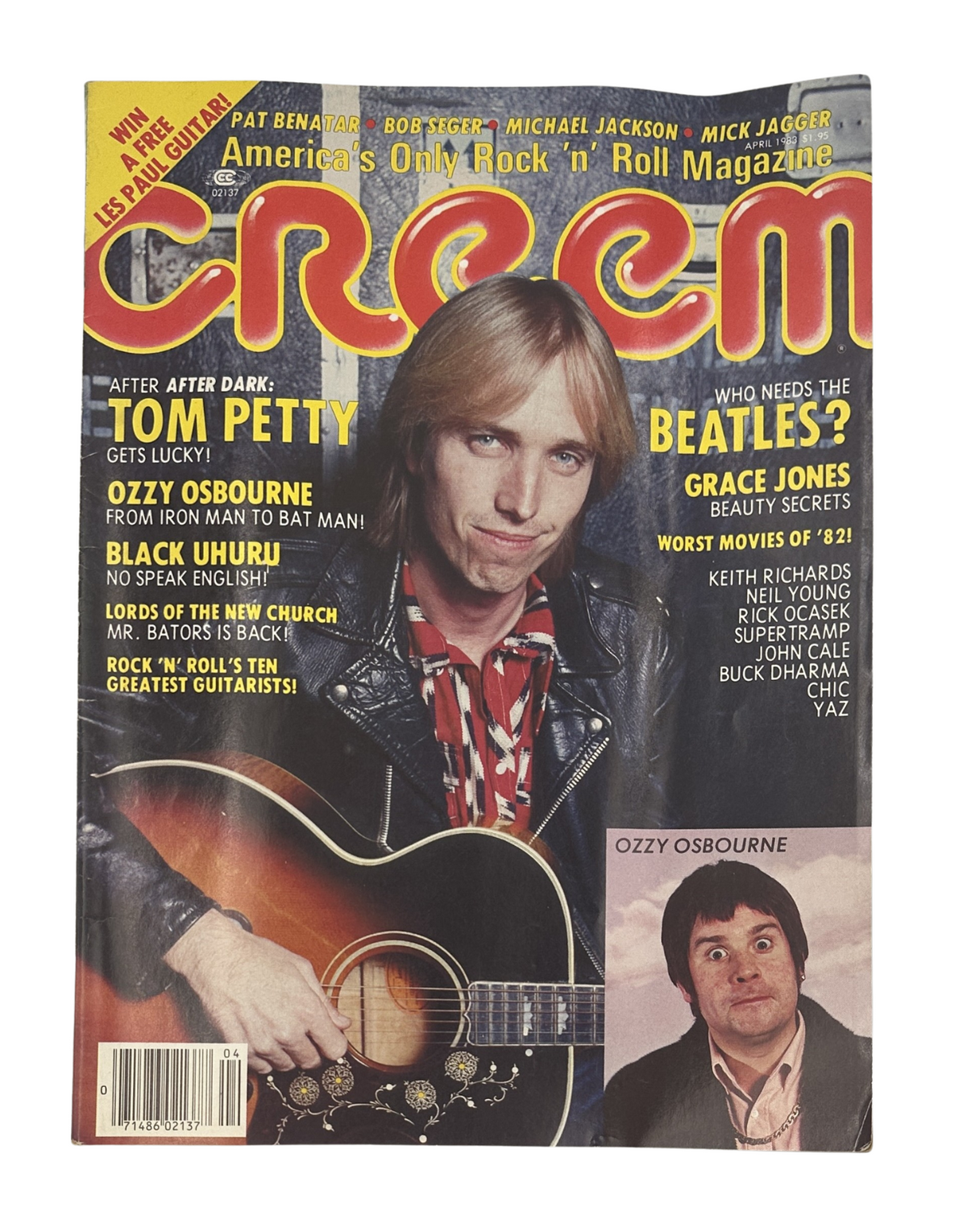 Cover of Creem Magazine April 1983 featuring Tom Petty, Ozzy Osbourne, and Grace Jones, highlighting rock and roll culture.