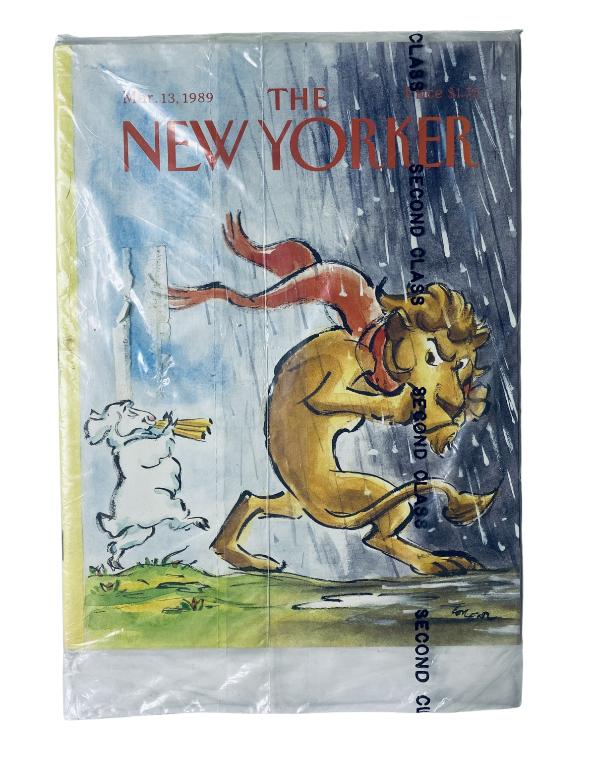 SEALED The New Yorker Magazine March 13, 1989 featuring a whimsical cover illustration of a lion and a lamb walking in the rain. Ideal for collectors of vintage magazines.