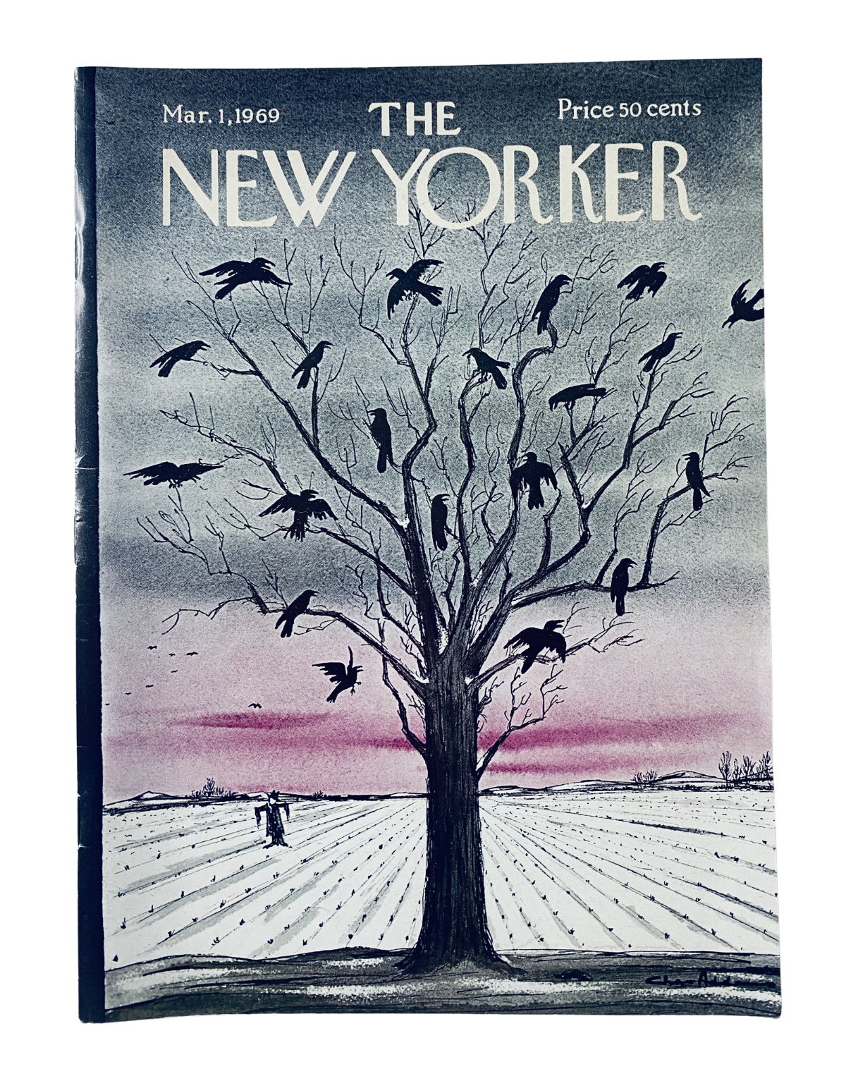 The New Yorker Magazine March 1, 1969 cover featuring a striking illustration of black birds perched in a tree against a twilight sky. The magazine is priced at 50 cents.