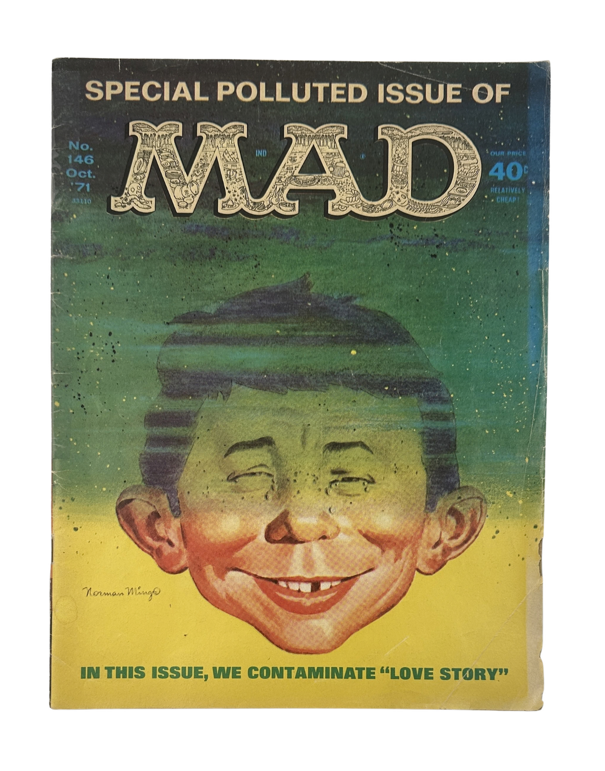Cover of MAD Magazine No. 146 from October 1971, featuring a cartoon character with a cheeky smile, titled 'SPECIAL POLLUTED ISSUE OF MAD'. This edition includes a satire on the movie 'Love Story', showcasing the magazine's iconic humor.
