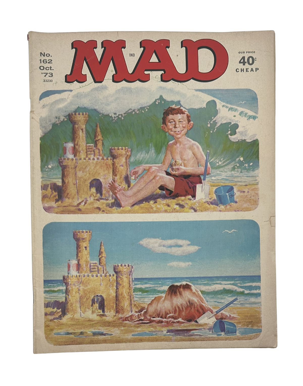 MAD Magazine No. 162 October 1973 cover featuring a child building a sandcastle on the beach, showcasing vibrant art and playful ocean waves.