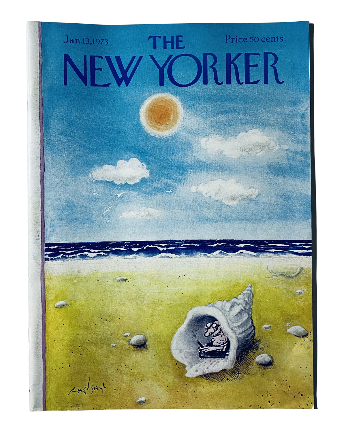 The New Yorker Magazine January 13, 1973 cover featuring a whimsical seashell on a beach with a blue sky and sun, illustrated by Ronald Searle. Perfect for collectors of vintage magazines.