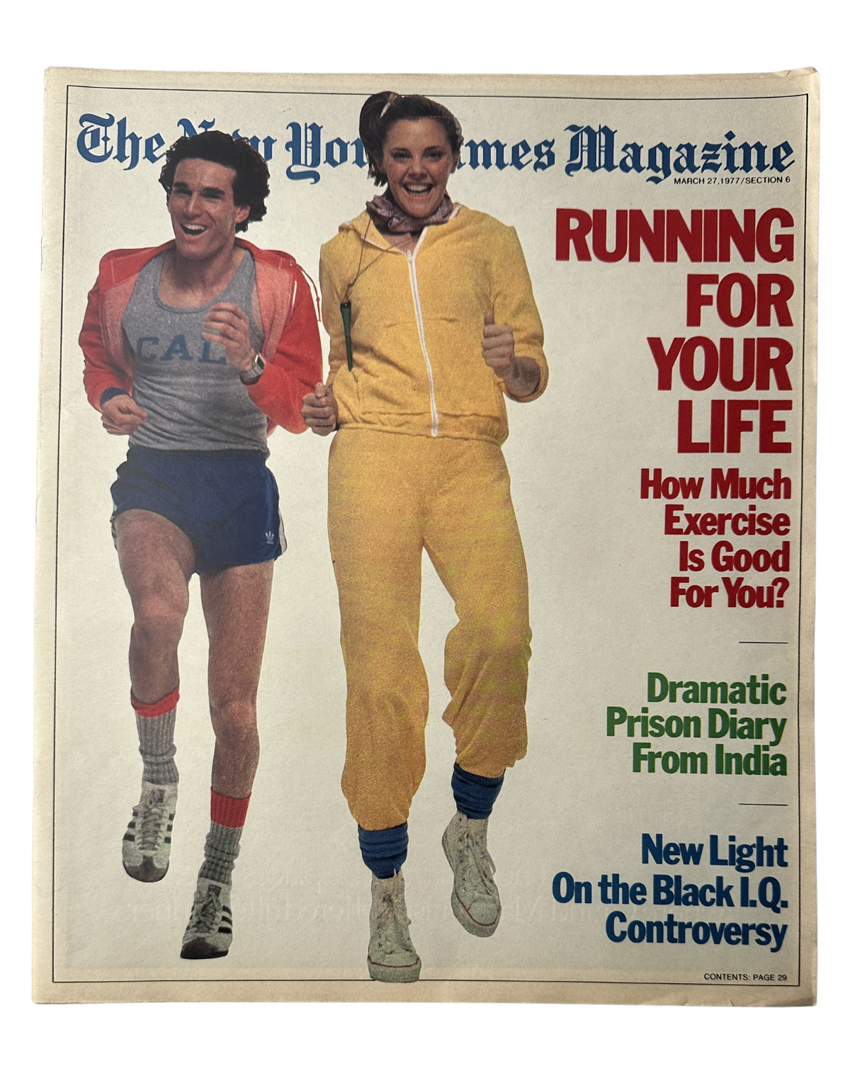 Cover of The New York Times Magazine from March 27, 1977, featuring two individuals dressed in colorful exercise attire promoting the article 'Running for Your Life' that discusses the benefits and concerns of exercise.