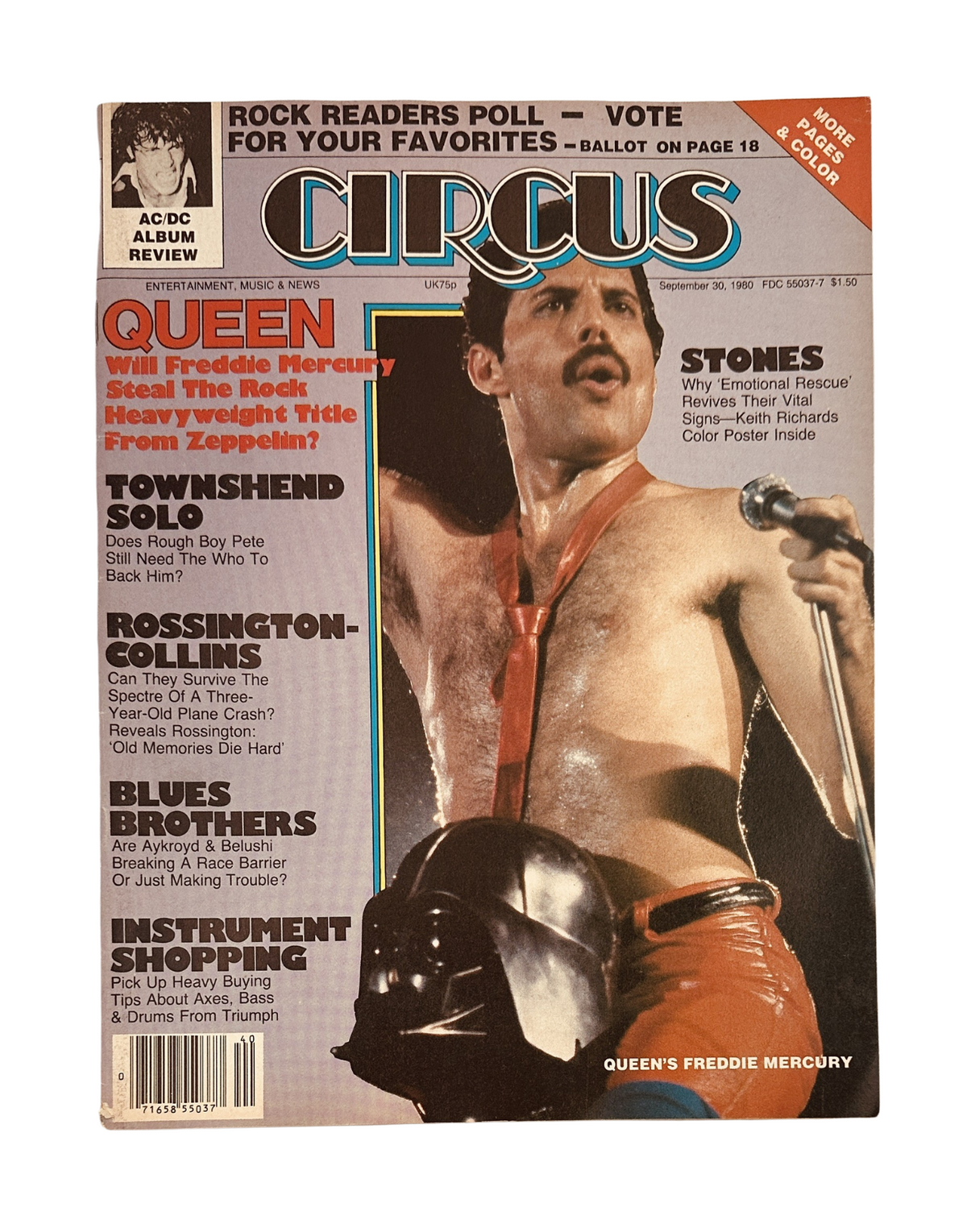 Circus Magazine cover from September 30, 1980 featuring Queen's Freddie Mercury, showcasing the cover story and highlights such as the Rock Readers Poll, and mentions of The Rolling Stones, Rossington-Collins, and Blues Brothers.