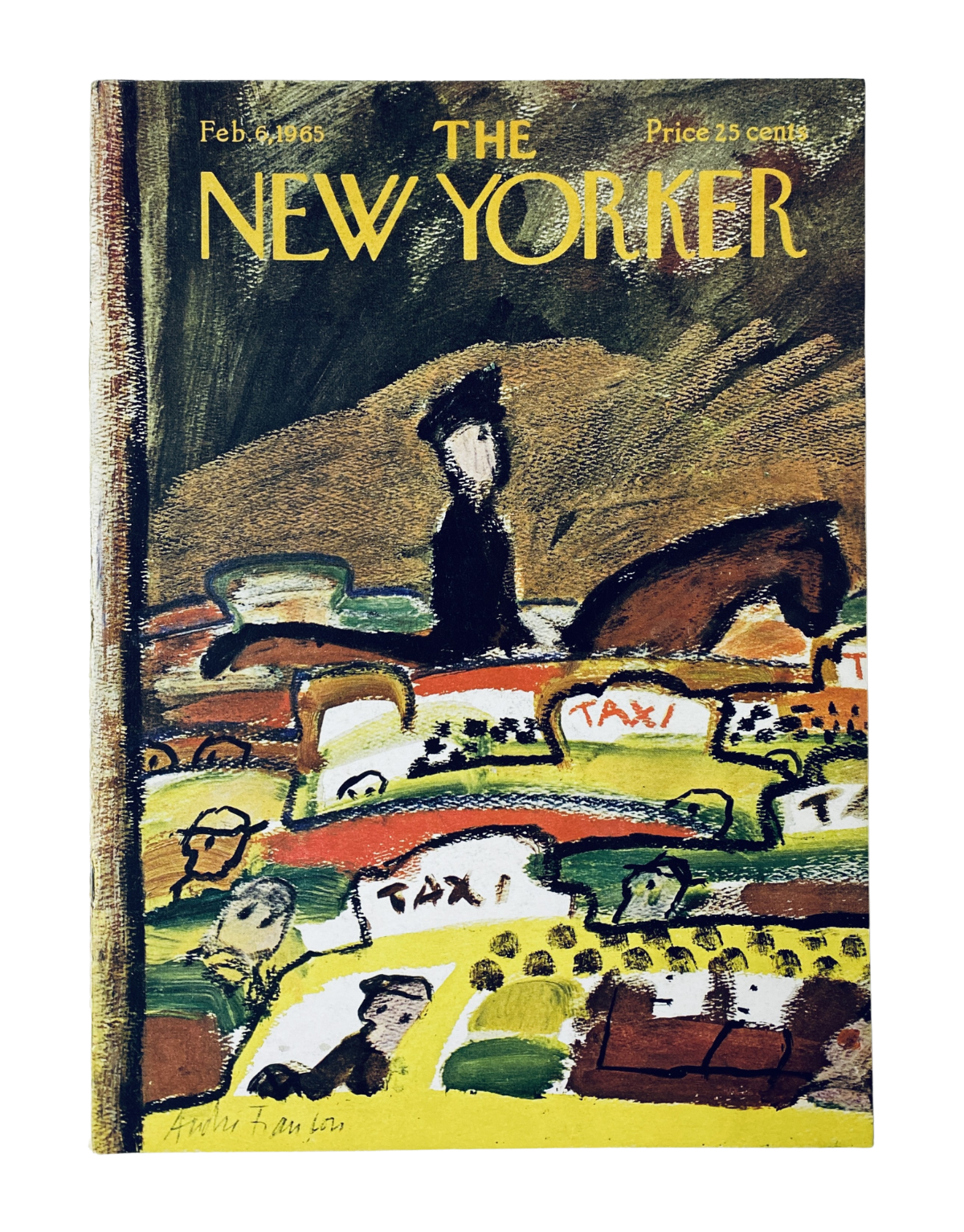 The New Yorker Magazine February 6, 1965 cover featuring an abstract illustration of taxi traffic by A. François, showcasing vibrant colors and a unique artistic style.