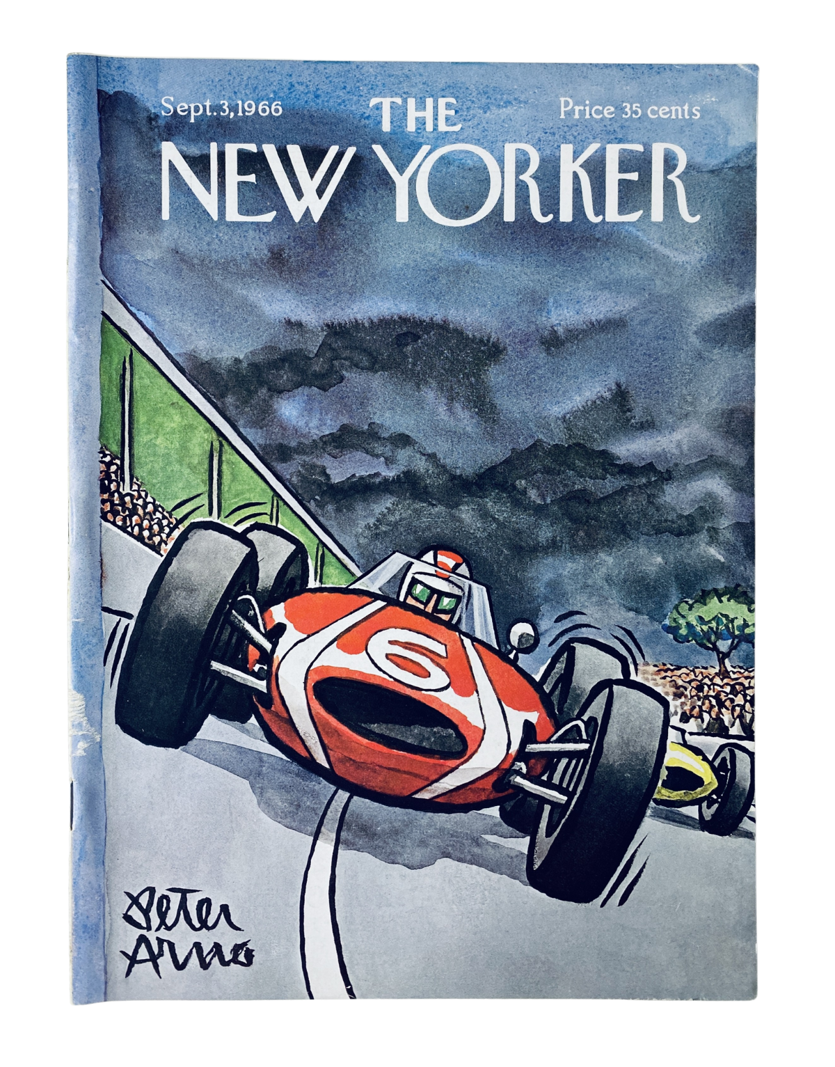 The New Yorker Magazine September 3, 1966, featuring an auto racing cartoon cover by Peter Arno, depicting a vibrant race scene with a red and white racing car.