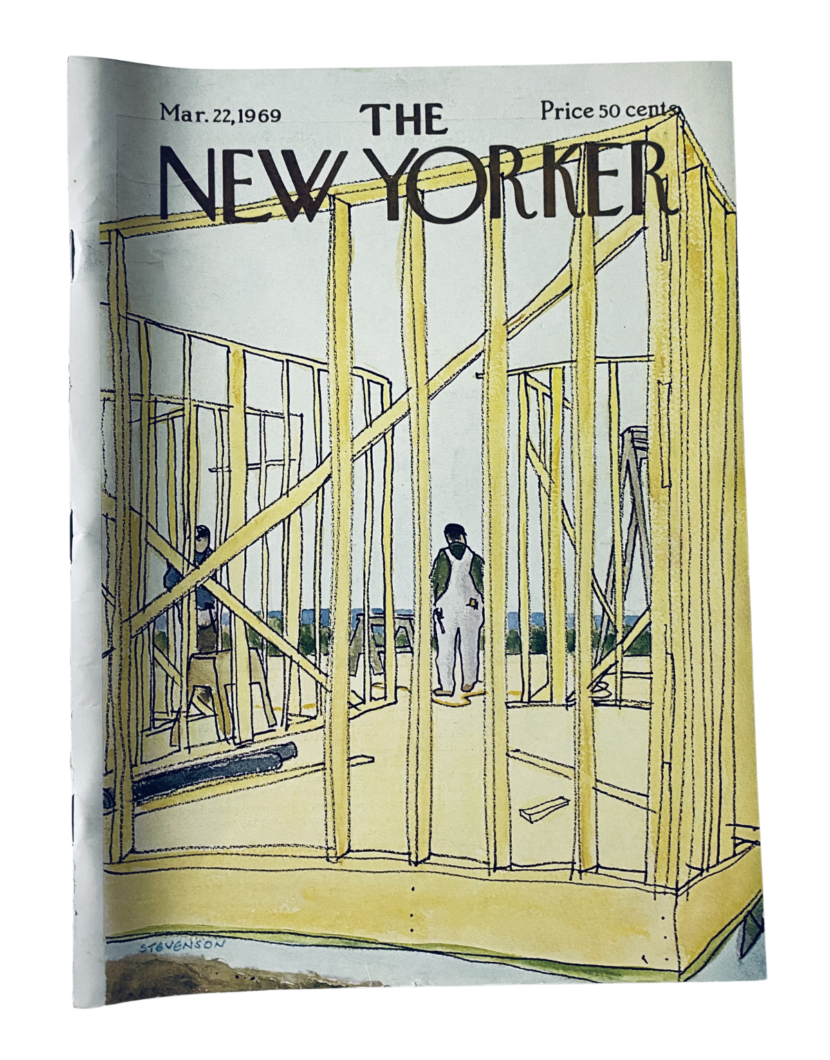 The New Yorker Magazine March 22, 1969 cover featuring house construction illustration by J. Stevenson. Depicts workers at a construction site surrounded by wooden frames.