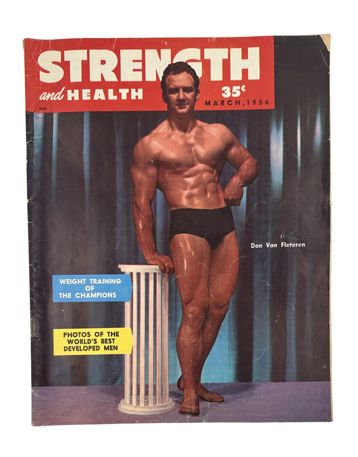Strength and Health Magazine March 1954 featuring Don Van Fleteren on the cover in a posed bodybuilding stance, showcasing fitness and bodybuilding themes.