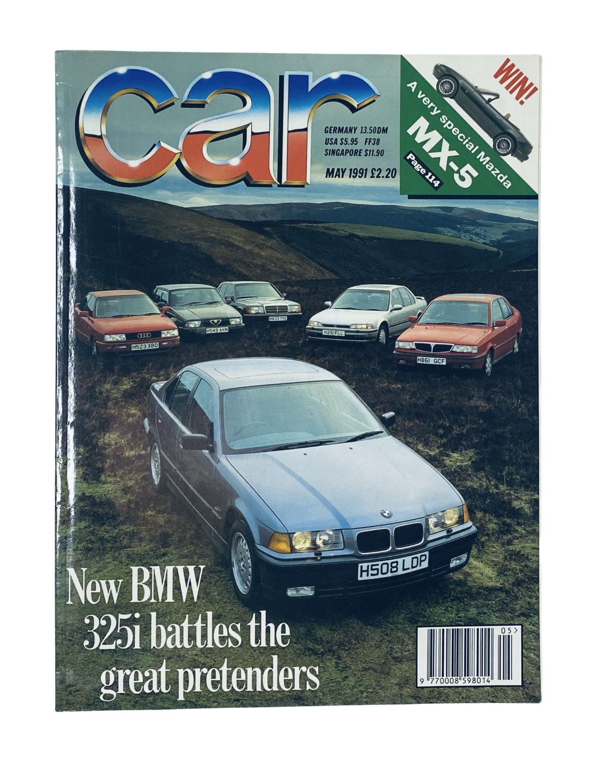 Cover of CAR Magazine May 1991 featuring the new BMW 325i battling rivals on a scenic landscape with the title 'New BMW 325i battles the great pretenders' and a competition to win a special Mazda MX-5.