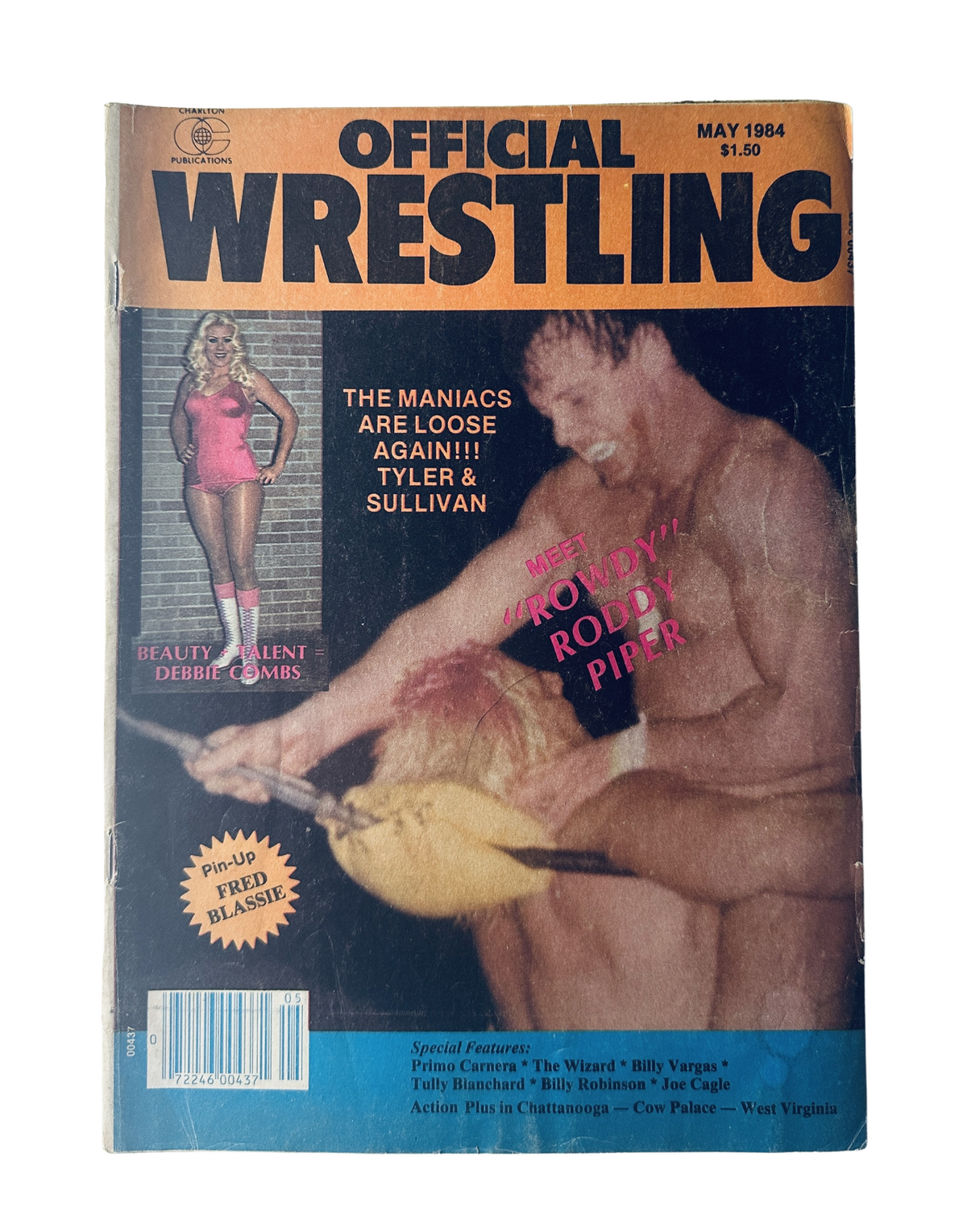 Official Wrestling Magazine from May 1984 featuring Roddy Piper on the cover alongside Debbie Combs and Fred Blassie, with a tagline about the 'Maniacs are Loose Again'.