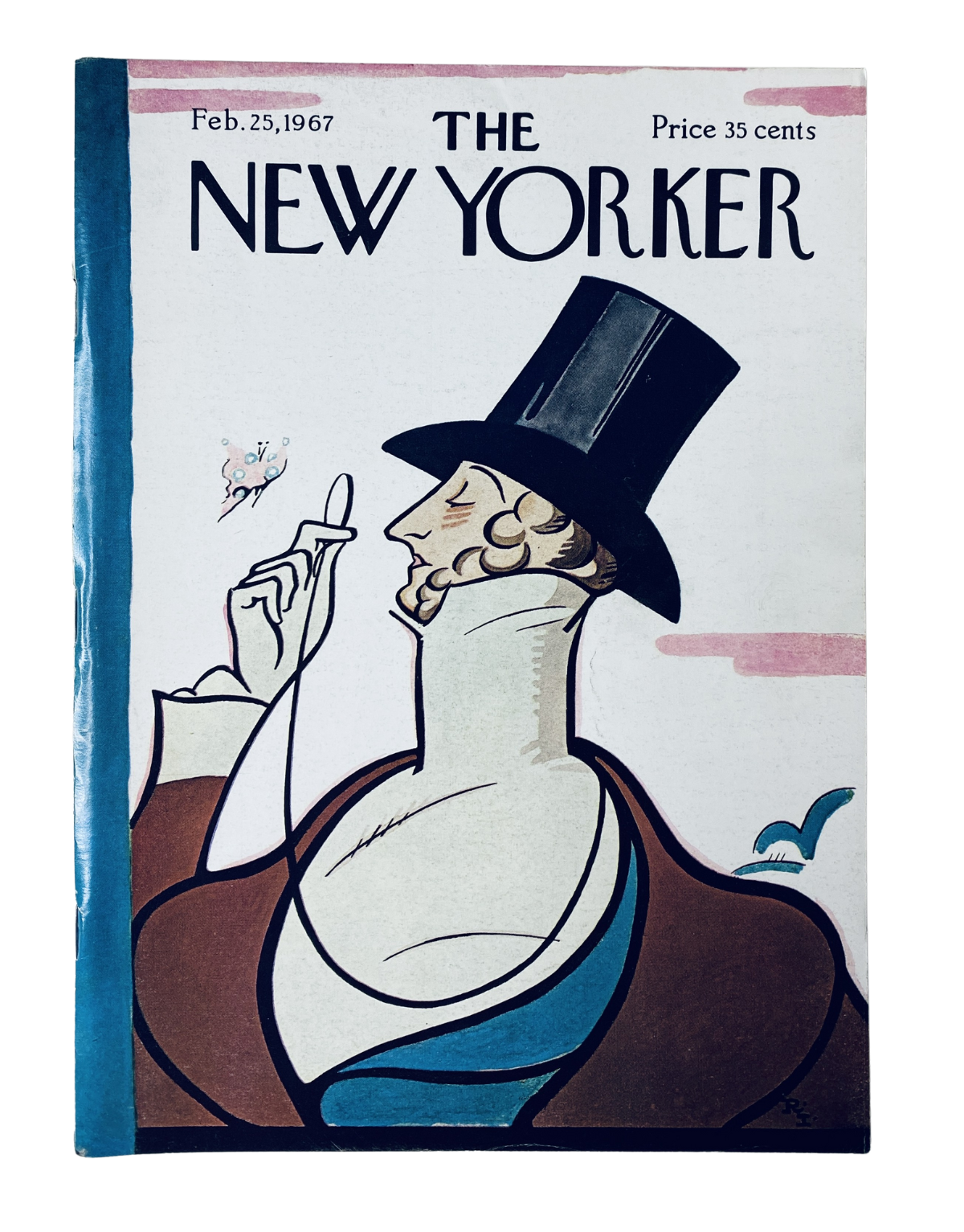 Cover of The New Yorker Magazine February 25, 1967 featuring a classic gentleman illustration by Rea Irvin, depicting a man in a top hat.