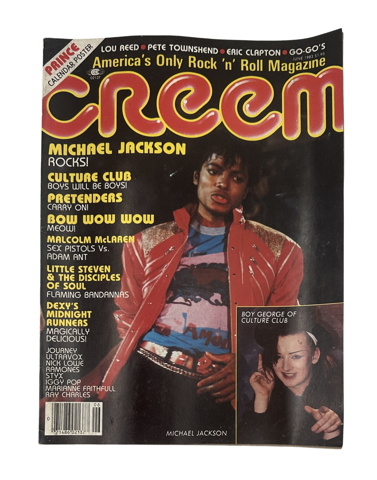 Creem Magazine June 1983 cover featuring Michael Jackson with prominent red jacket and Boy George of Culture Club. The magazine highlights rock and pop culture.