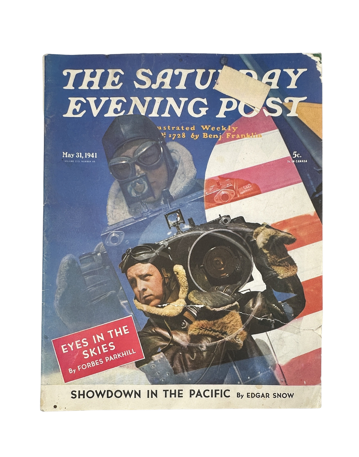 Cover of The Saturday Evening Post Magazine from May 31, 1941, featuring a WWII Pacific theme, with a focus on the article 'Eyes in the Skies' by Forbes Parkhill, showcasing a soldier with a camera near a military aircraft.