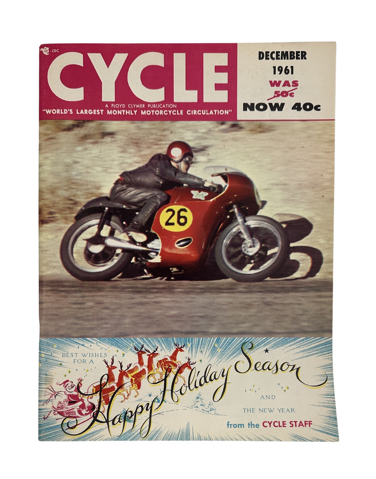 Cycle Magazine December 1961 featuring Harley-Davidson Sprint Road Test on the cover, showcasing a motorcycle racer and promotional holiday graphics.