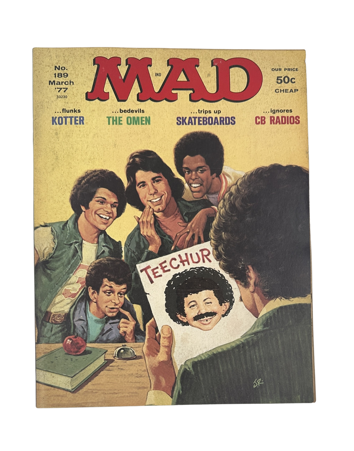 MAD Magazine No. 189 March 1977 cover featuring a humorous illustration of five characters reacting to a teacher's paper, with themes of Kotter, The Omen, skateboards, and CB radios.
