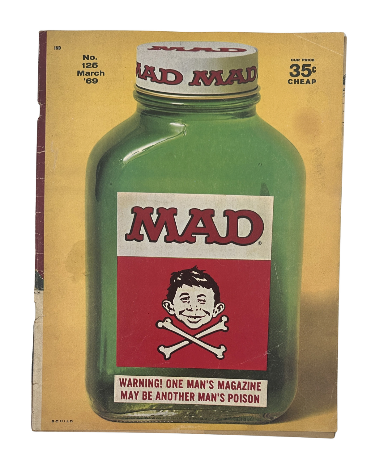 Cover of MAD Magazine No. 125 from March 1969, featuring a humorous design with a green jar labeled 'MAD' and a cartoon face, priced at 35 cents.