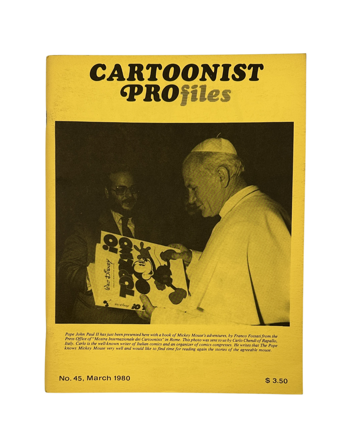 Cover of Cartoonist Profiles Magazine March 1980 featuring Pope John Paul II presenting artwork, issue #45, showcasing cartoonist contributions.