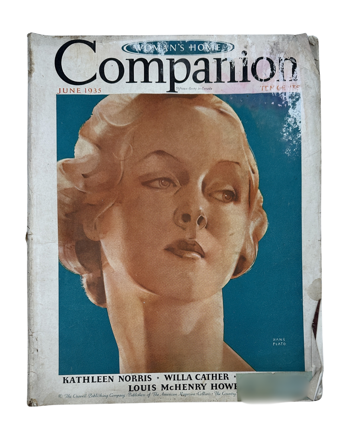 Cover of Woman’s Home Companion Magazine from June 1935 featuring artwork by Hans Plaw depicting a woman with a serene expression. The magazine highlights notable authors Kathleen Norris and Willa Cather.