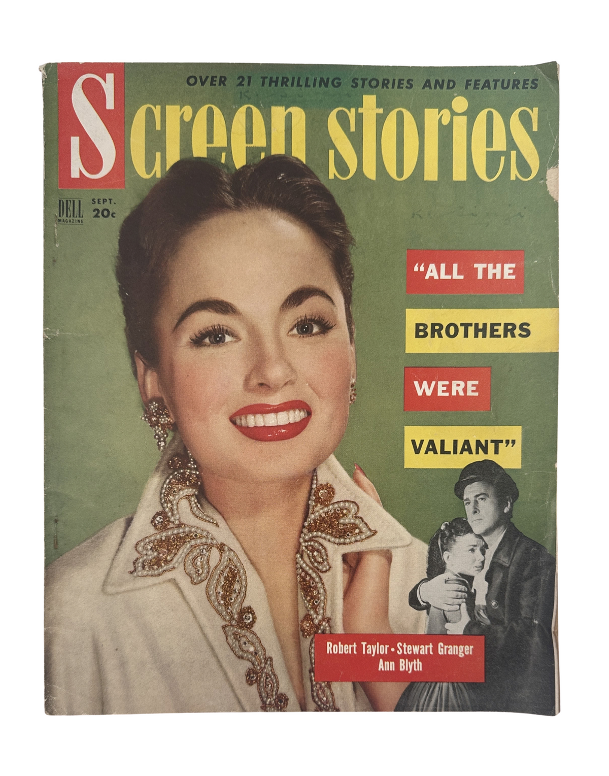 Cover of Screen Stories Magazine from September 1953 featuring the title 'All the Brothers Were Valiant' with images of Robert Taylor, Stewart Granger, and Ann Blyth. Highlights include classic Hollywood glamour and movie-themed content.