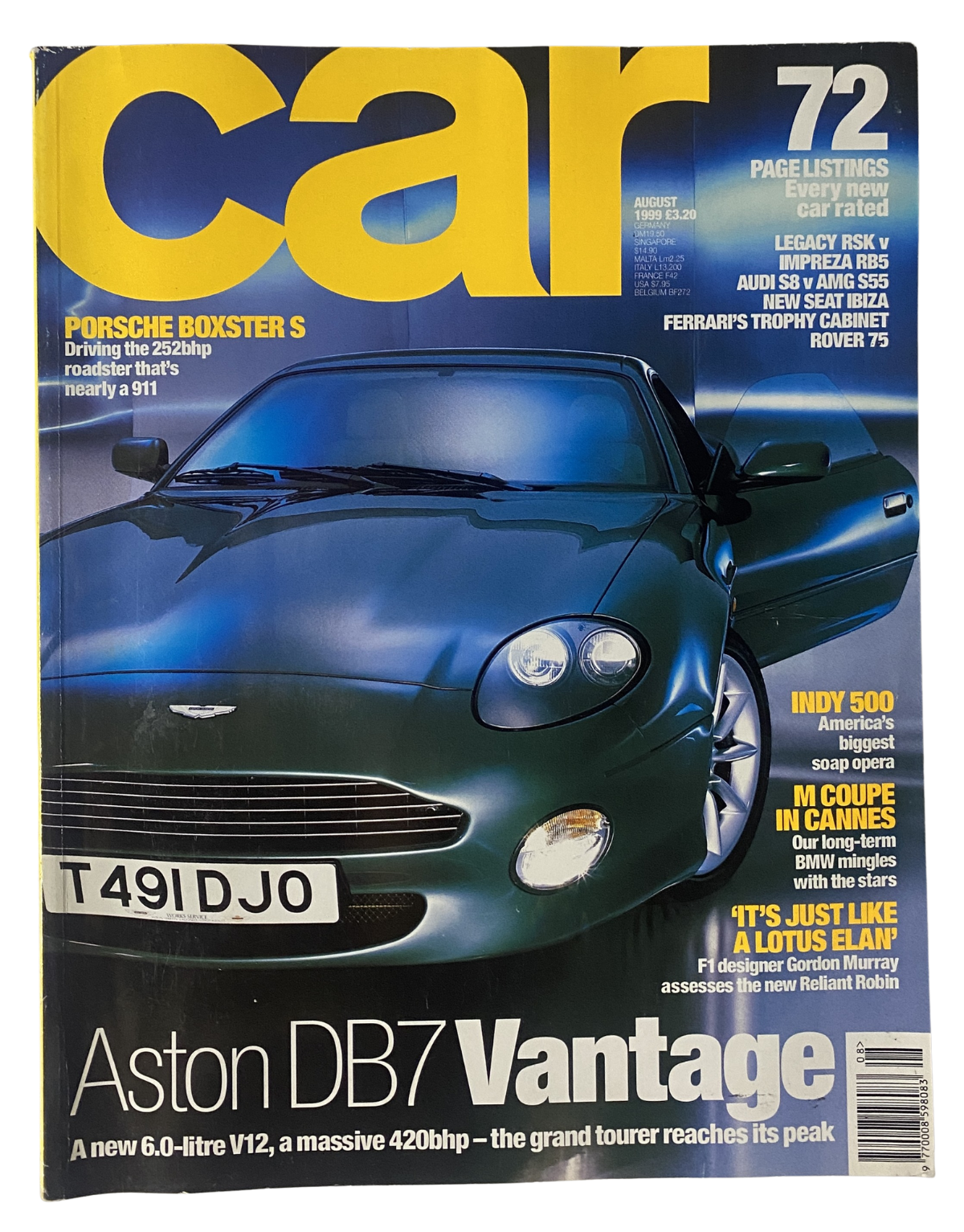CAR Magazine August 1999 cover featuring Aston DB7 Vantage, Porsche Boxster S, and highlighting Indy 500 and M Coupe.