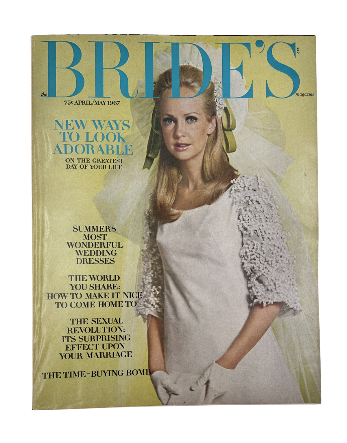 Cover of Bride's Magazine April/May 1967 featuring a model showcasing summer wedding dresses and beauty tips for brides.