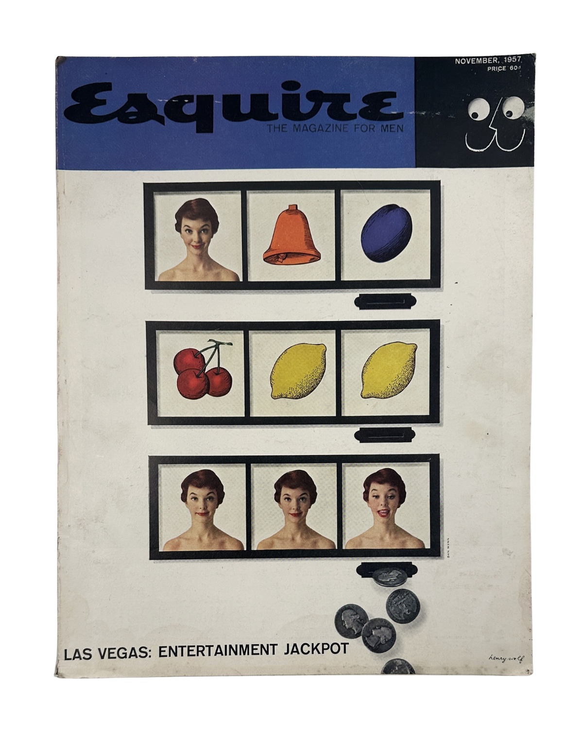 Cover of Esquire Magazine November 1957 featuring illustrations of slot machine items and a vintage aesthetic titled 'Las Vegas: Entertainment Jackpot'.
