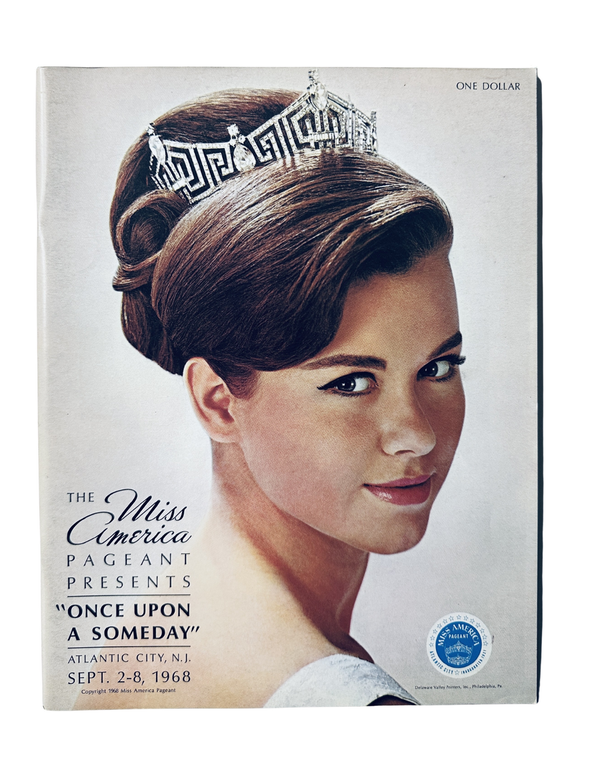 Miss America Pageant Magazine cover featuring Debra Dene Barnes, showcasing the event 'Once Upon a Someday' held in Atlantic City, N.J. from September 2-8, 1968. The image captures Barnes wearing a tiara, highlighting her elegance and poise in this vintage magazine.