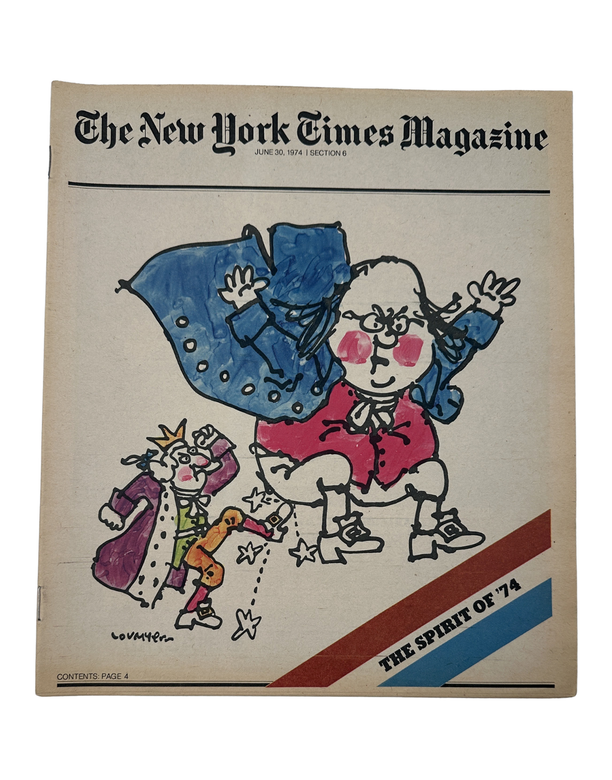 Cover of The New York Times Magazine June 30, 1974 titled 'The Spirit of ’74', featuring a cartoon illustration of a historical figure dressed in revolutionary attire.