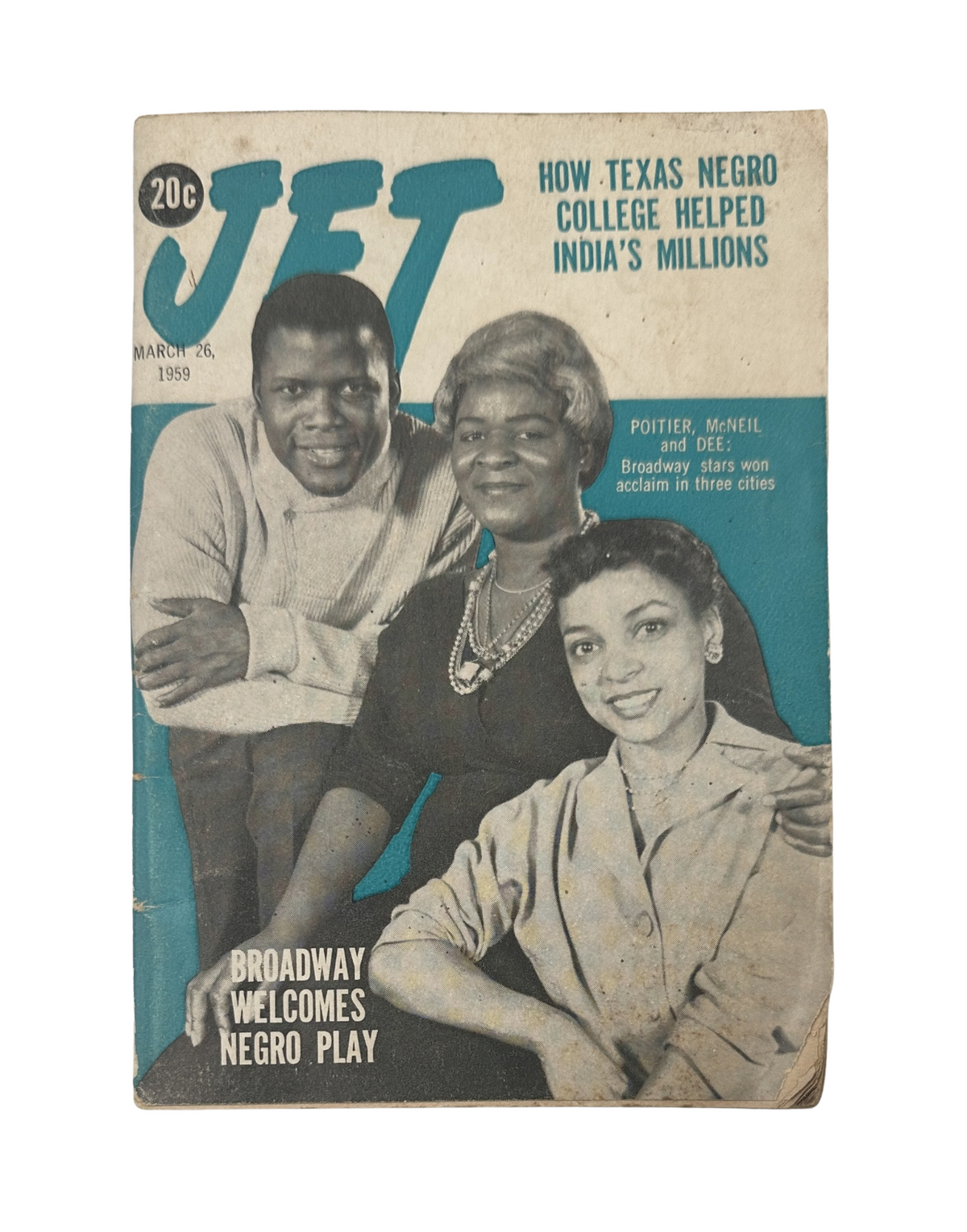 Cover of Jet Magazine, March 26, 1959 featuring Poitier, McNeil, and Dee, promoting Broadway Negro Play.