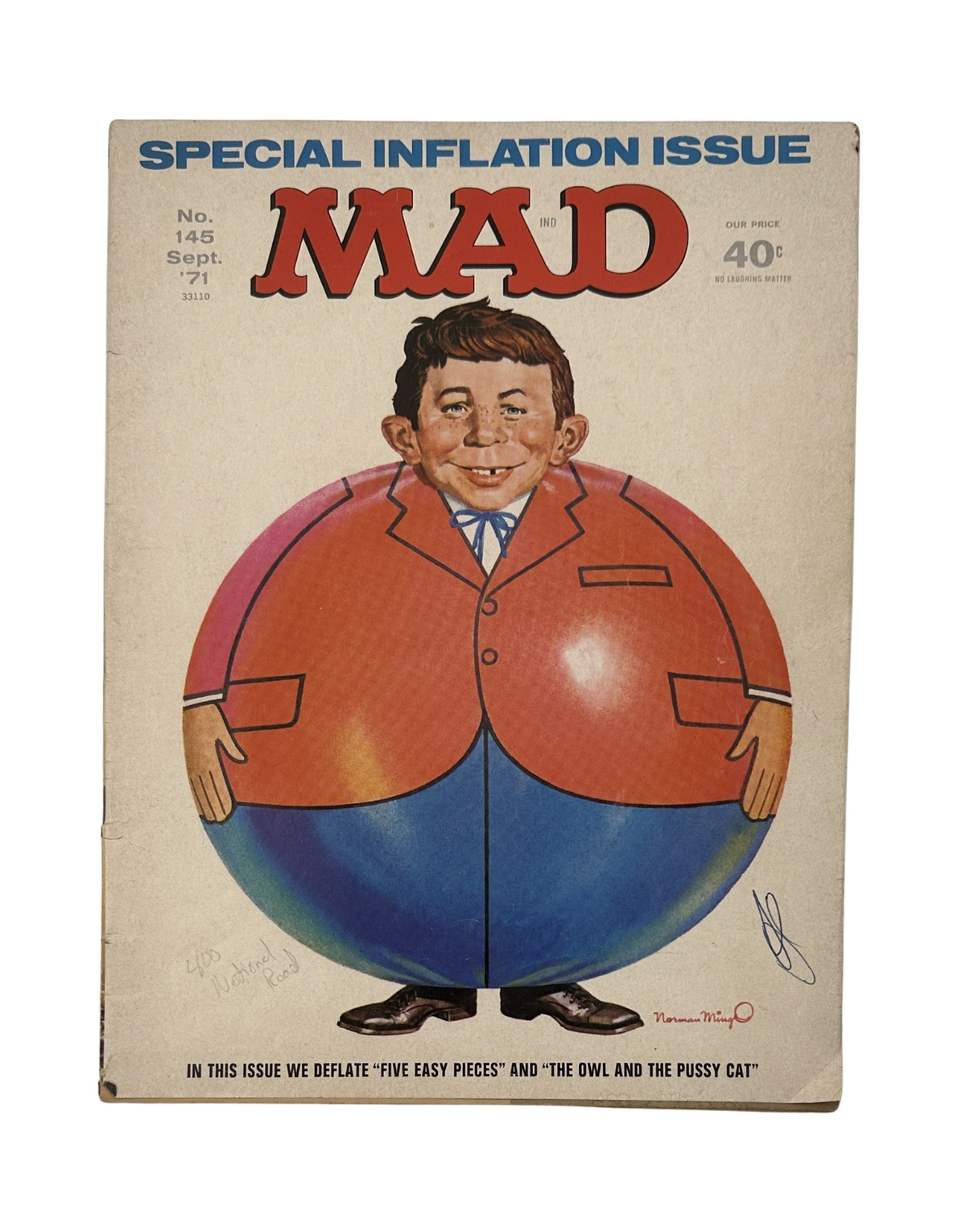 Cover of MAD Magazine No. 145 from September 1971 featuring a caricature of a boy in a suit with a large, inflated belly, titled 'Five Easy Pieces Movie Satire'.
