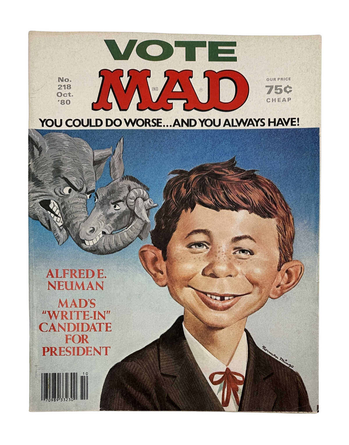 MAD Magazine No. 218 October 1980 cover featuring Alfred E. Neuman as the presidential candidate with humorous animal illustrations, priced at 75 cents.