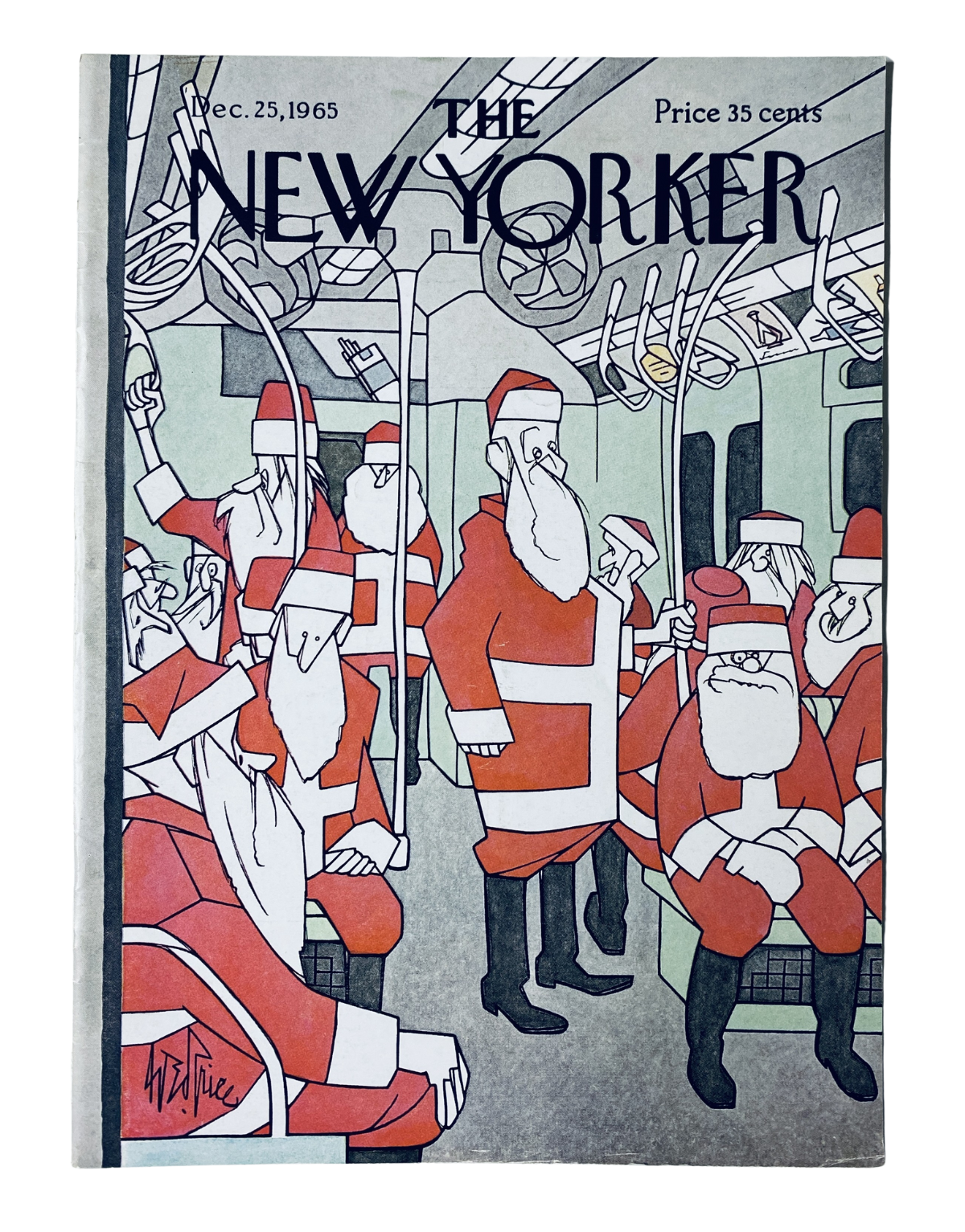 The New Yorker Magazine December 25, 1965 cover featuring a colorful illustration of Santa Claus characters on a subway, by George Price.