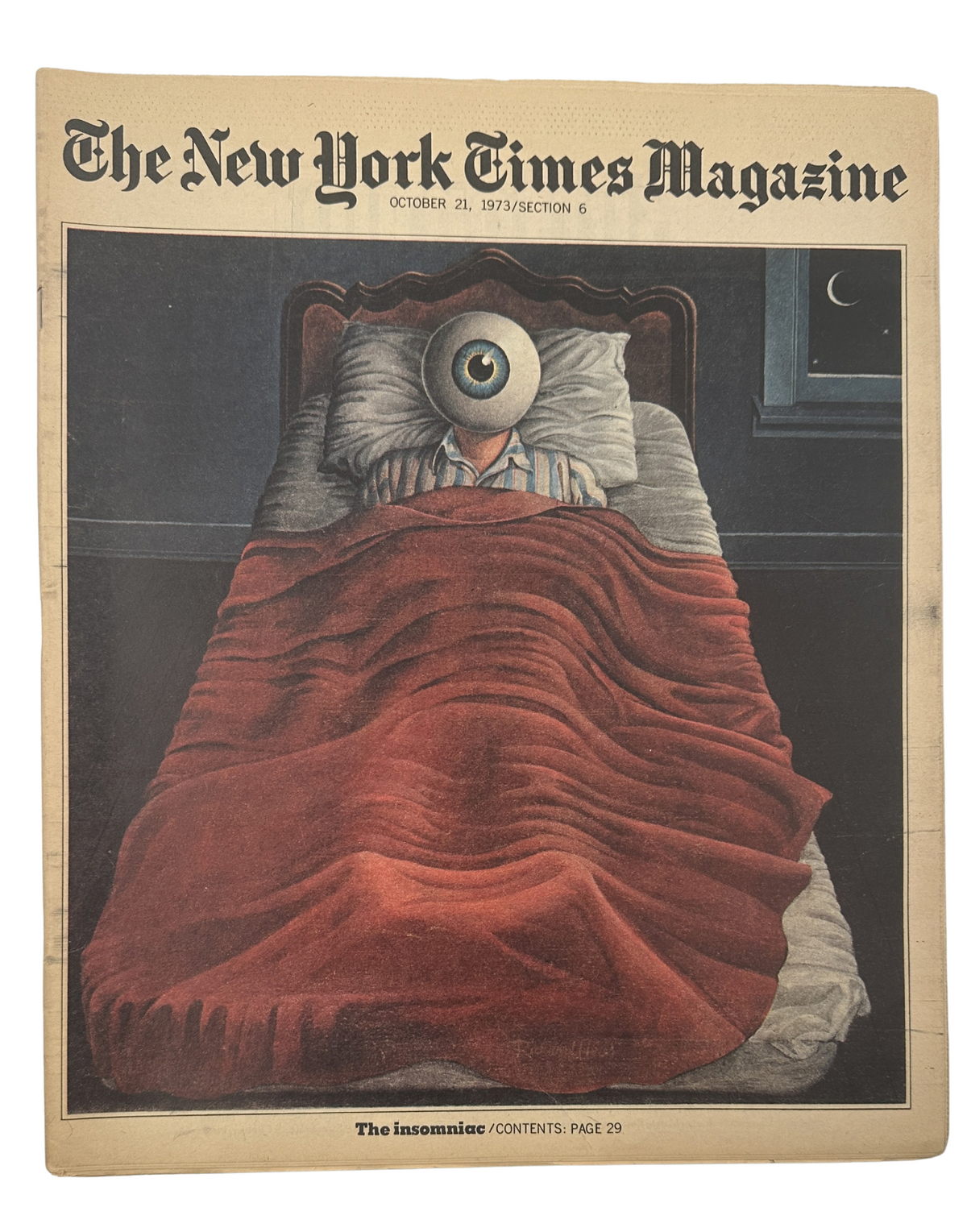 Cover art of The New York Times Magazine from October 21, 1973, featuring an illustration of a person in bed with an oversized eye, representing the theme of insomnia.